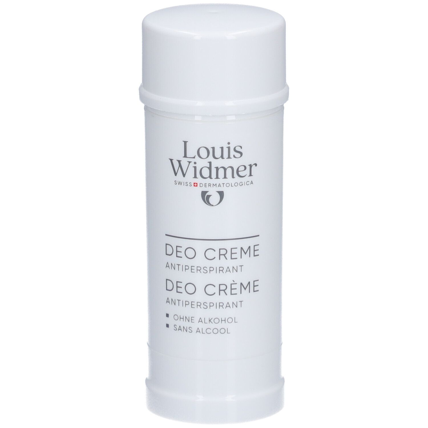 Weißer Deostift von Louis Widmer. Aufschrift: Deo Crème Antitranspirant. Ohne Alkohol.