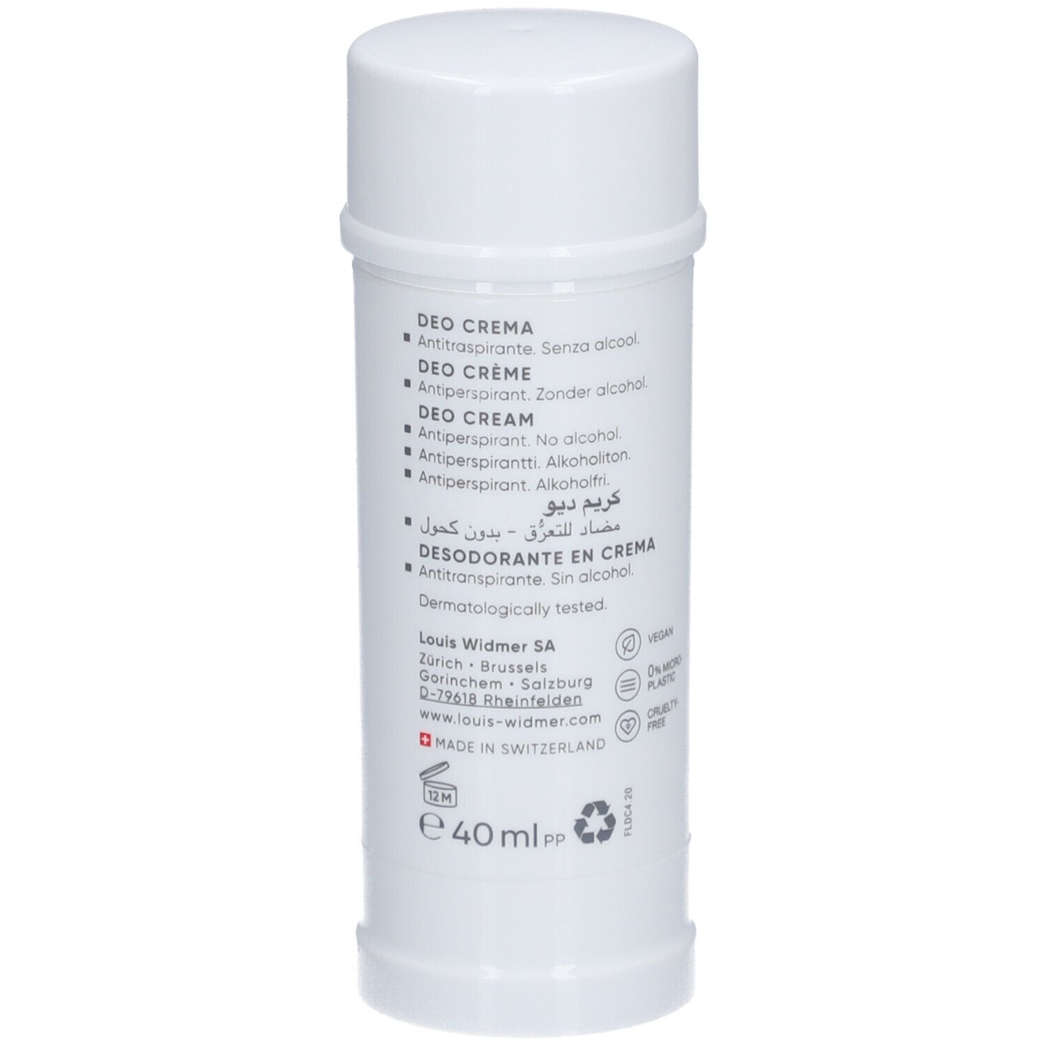 Rückseite des Deostifts von Louis Widmer. Aufschrift: Deo Crème Antitranspirant. Dermatologisch getestet. 40 ml.