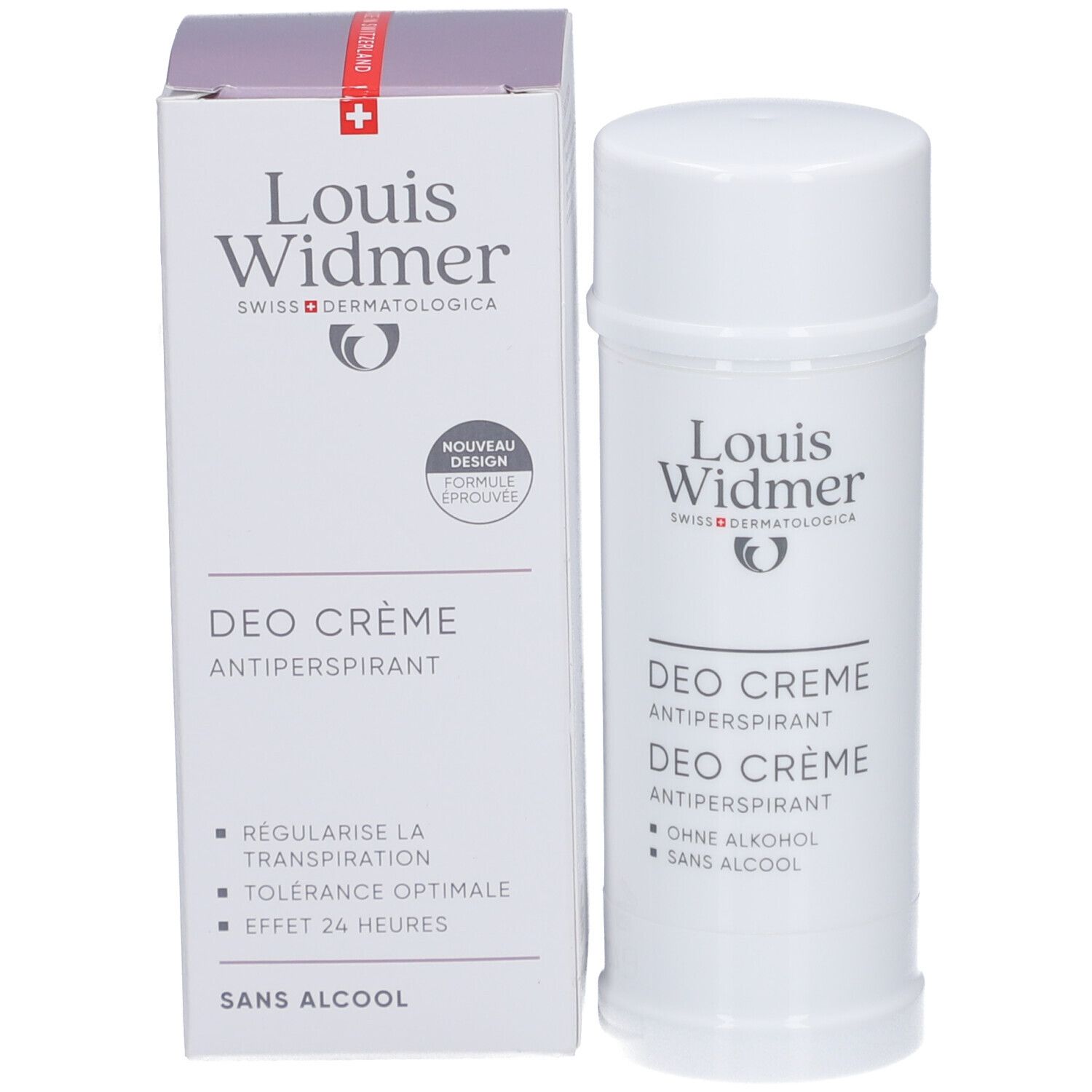 Deostift und Verpackung von Louis Widmer. Aufschrift: Deo Crème Antitranspirant. Ohne Alkohol.