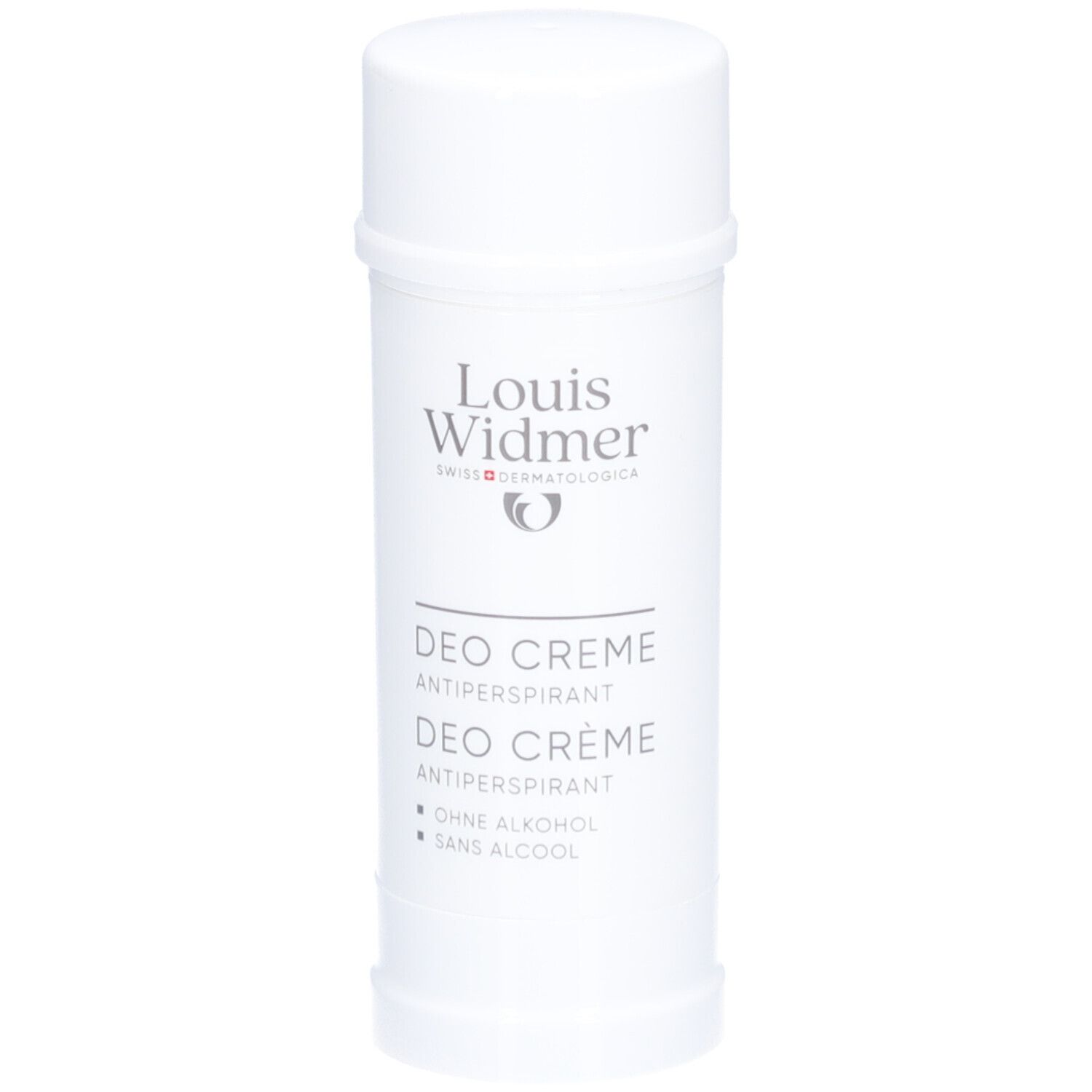 Weißer Deostift von Louis Widmer. Aufschrift: Deo Crème Antiperspirant. Ohne Alkohol.