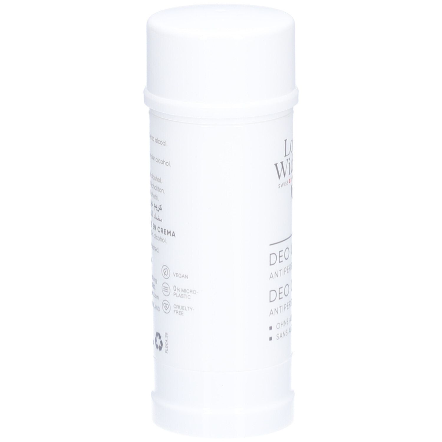 Weißer Deostift von Louis Widmer. Aufschrift: Deo Crème Antiperspirant. Rückseite mit Text.