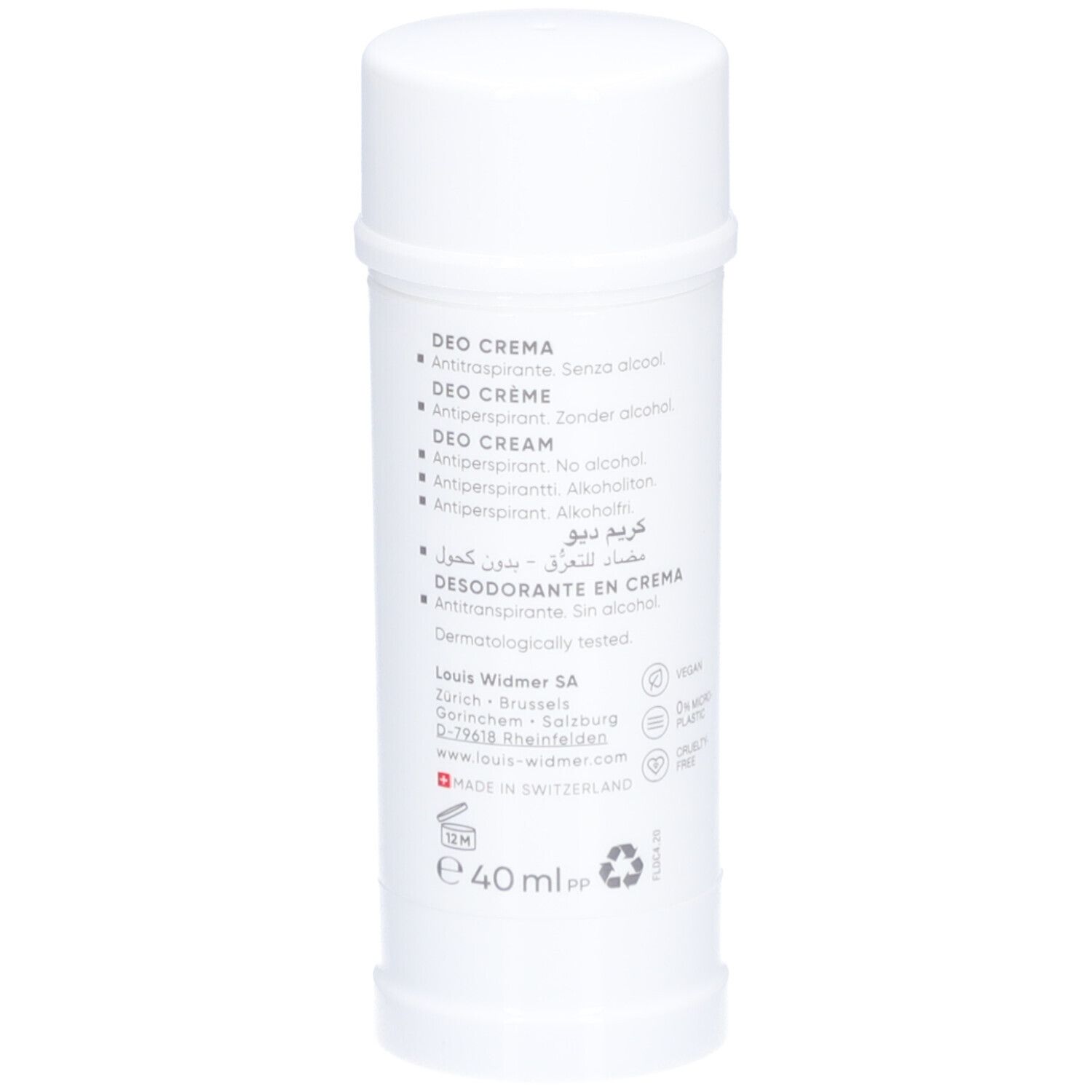 Rückseite eines weißen Deostifts. Aufschrift: Deo Crème Antiperspirant. 40 ml. Ohne Alkohol.