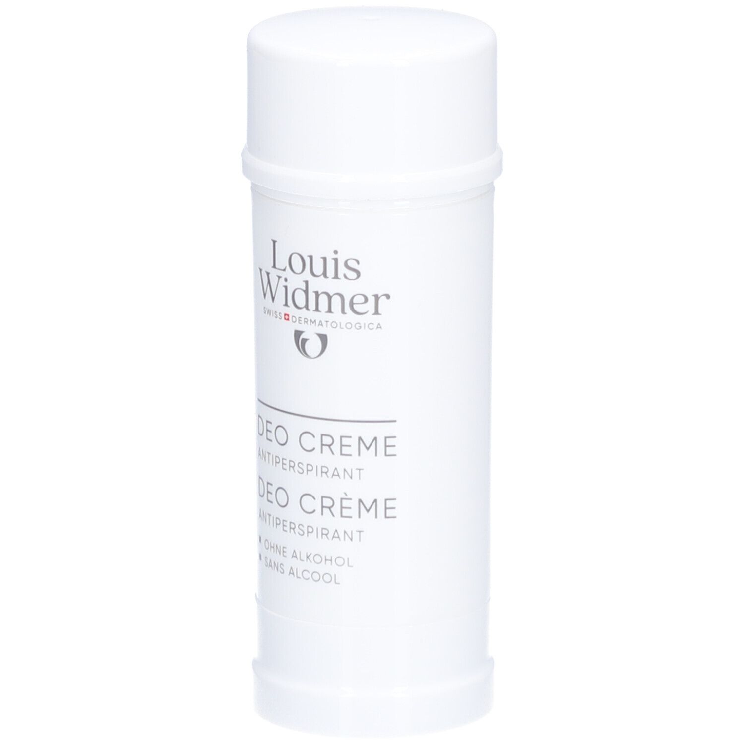 Weißer Deostift von Louis Widmer. Aufschrift: Deo Crème Antiperspirant. Ohne Alkohol.