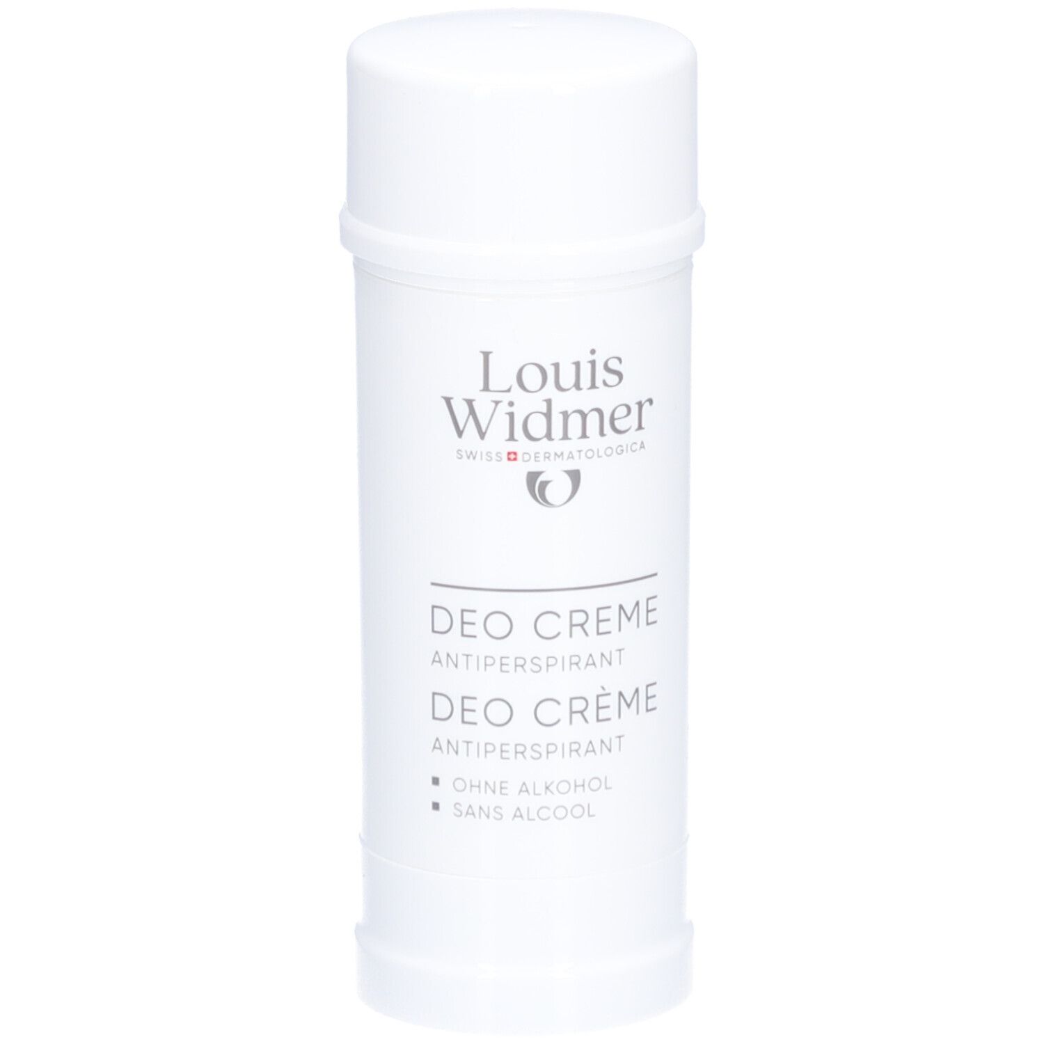 Weißer Deostift von Louis Widmer. Aufschrift: Deo Crème Antiperspirant. Ohne Alkohol.