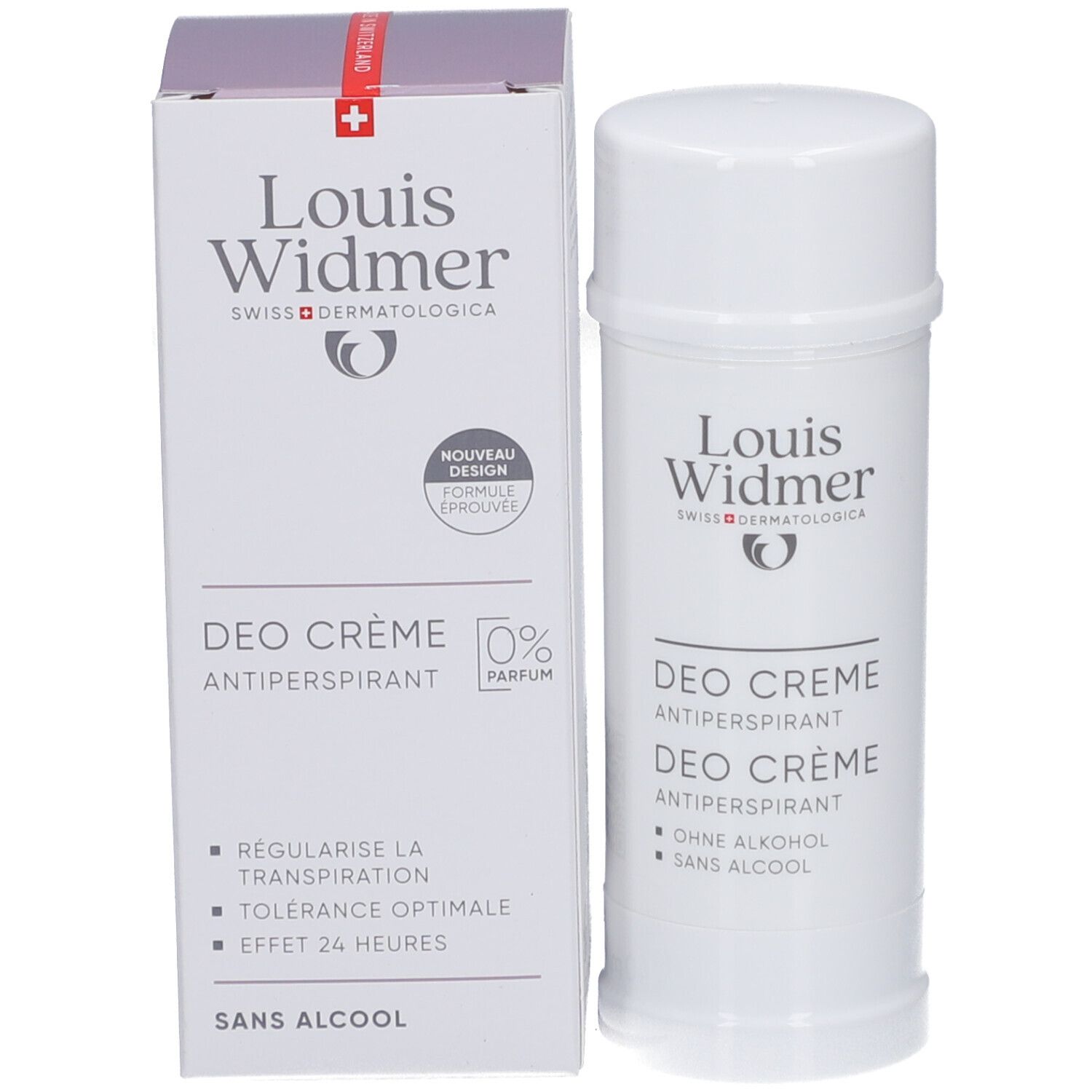 Deostift und Verpackung von Louis Widmer. Aufschrift: Deo Crème Antiperspirant. 0% Parfum.
