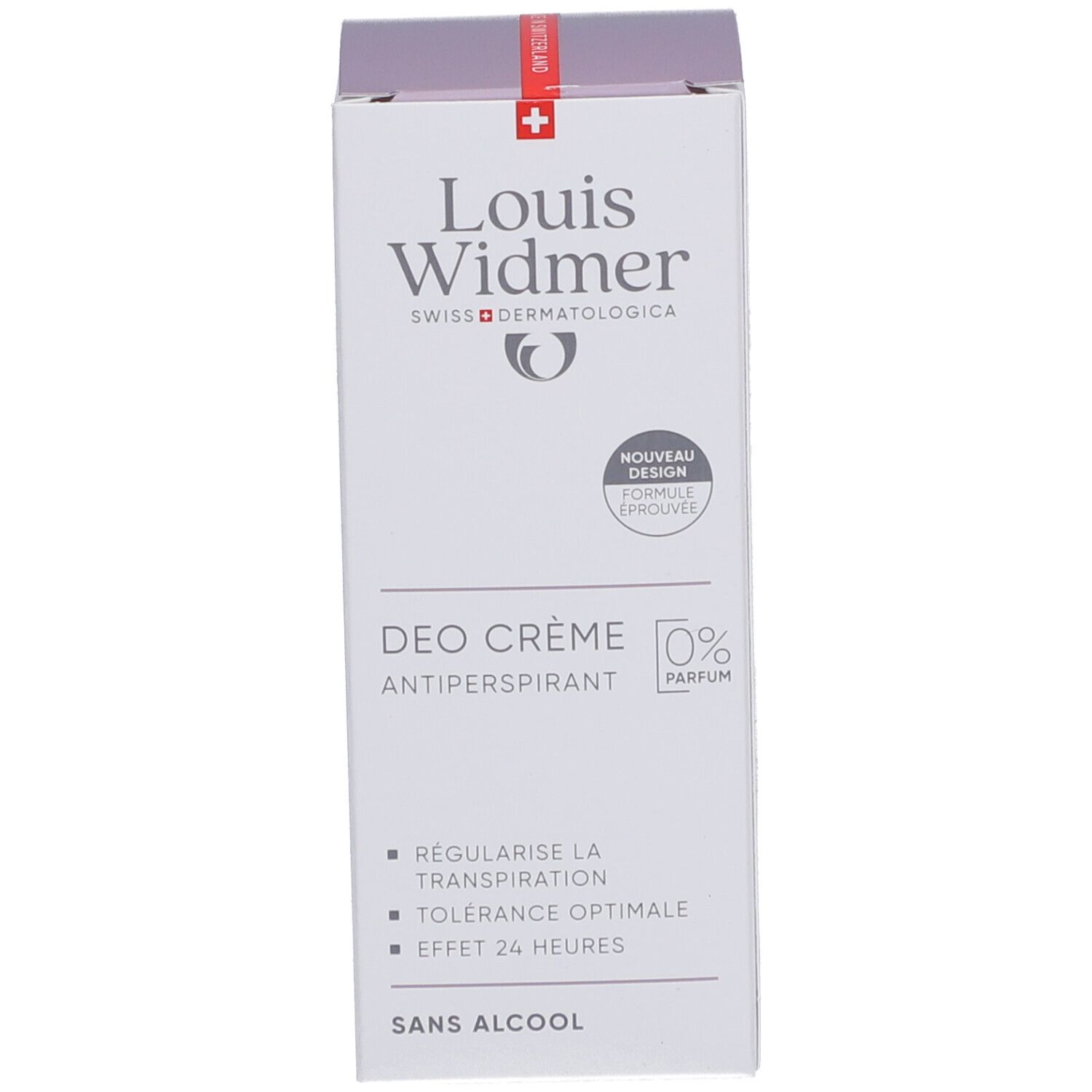 Verpackung von Louis Widmer. Aufschrift: Deo Crème Antiperspirant. 0% Parfum. Details.