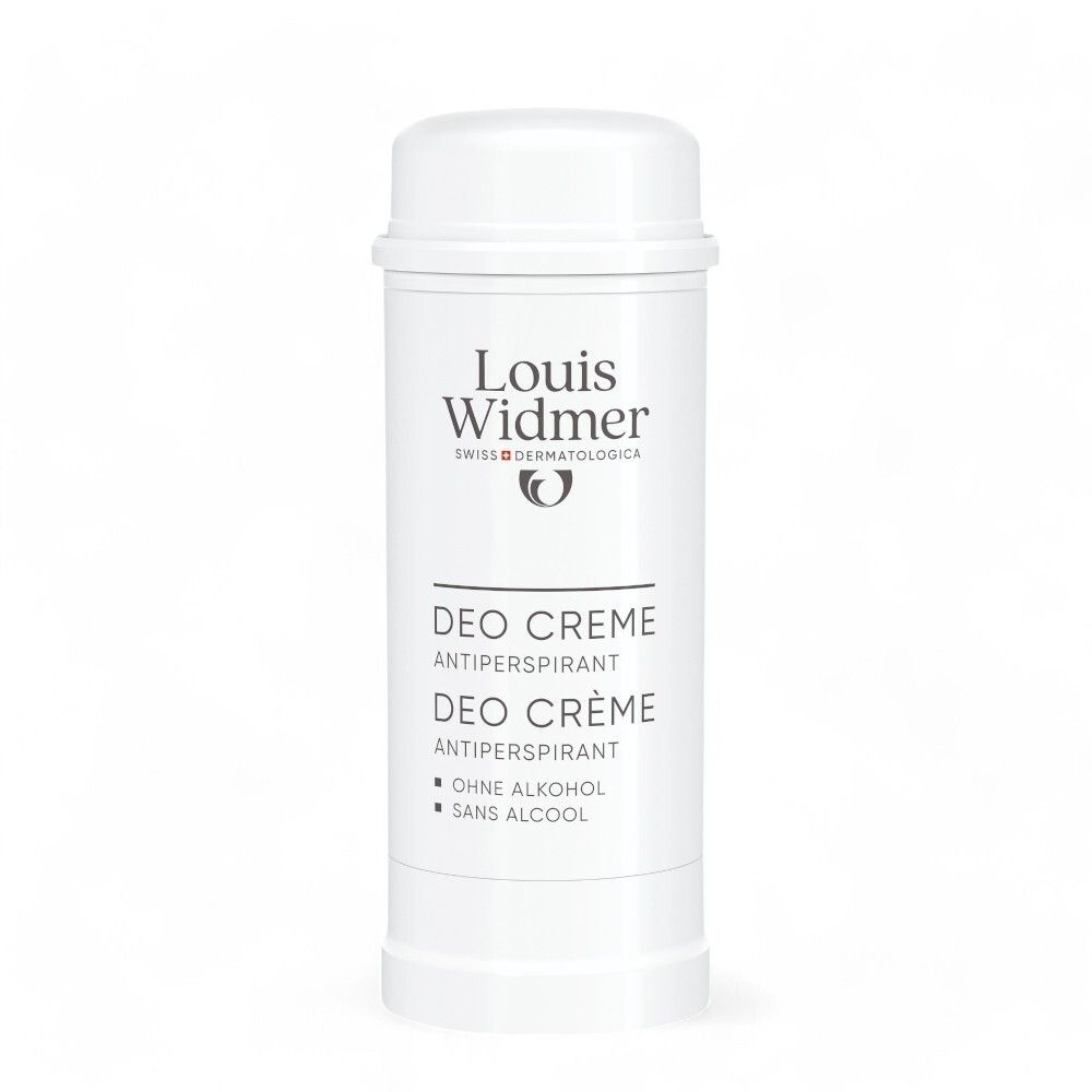 Stick déodorant blanc Louis Widmer. Inscription: Deo Crème Antiperspirant. Sans alcool.