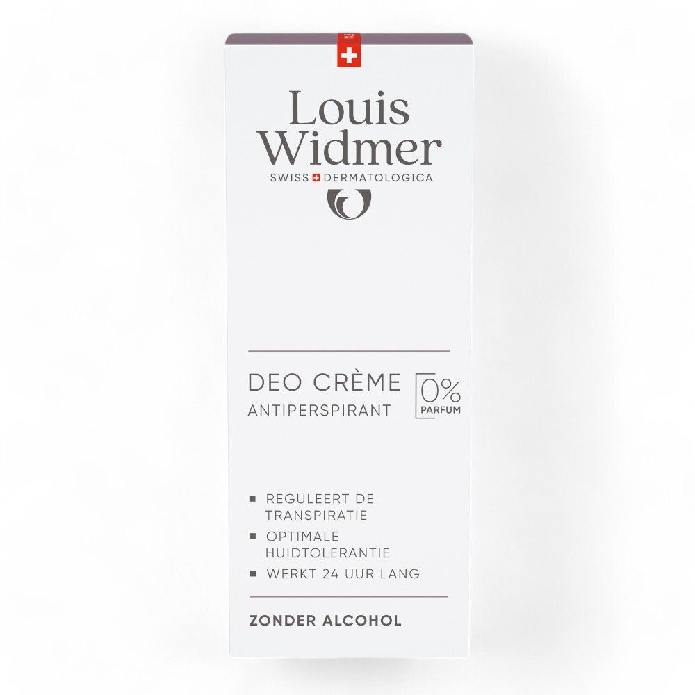 Emballage Louis Widmer. Inscription: Deo Crème Antiperspirant. 0% Parfum. Détails.