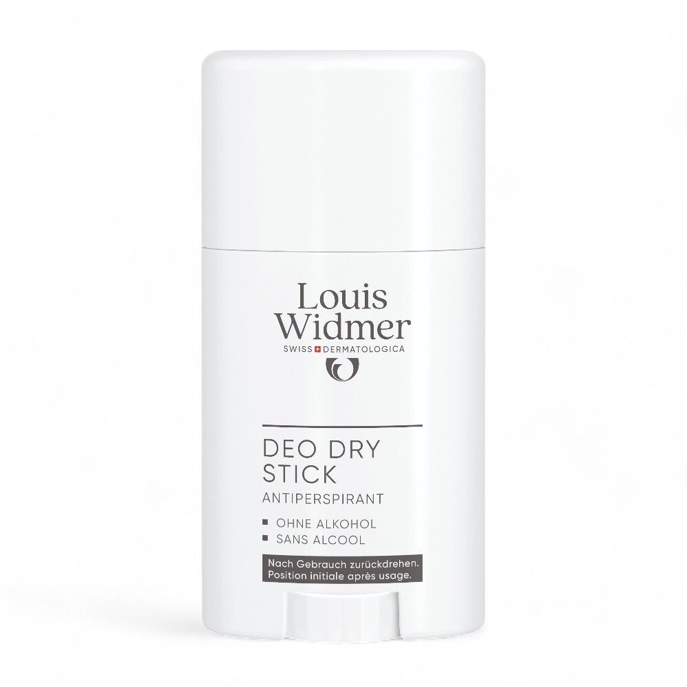 Stick déodorant blanc Louis Widmer. Inscription: DEO DRY STICK ANTIPERSPIRANT, OHNE ALKOHOL, SANS ALCOOL.