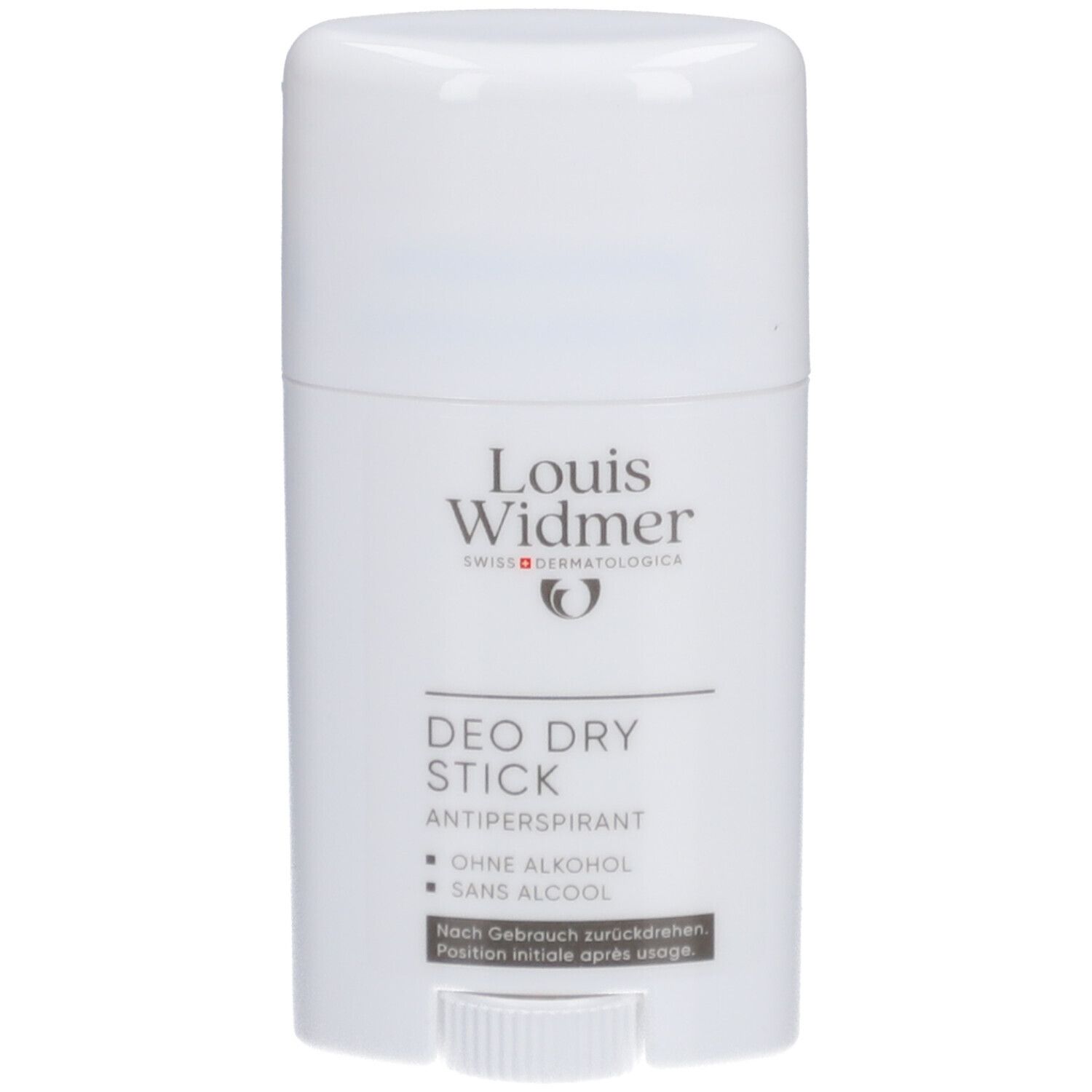 Weißer Deo Dry Stick von Louis Widmer. Aufschrift: DEO DRY STICK ANTIPERSPIRANT, OHNE ALKOHOL, SANS ALCOOL.