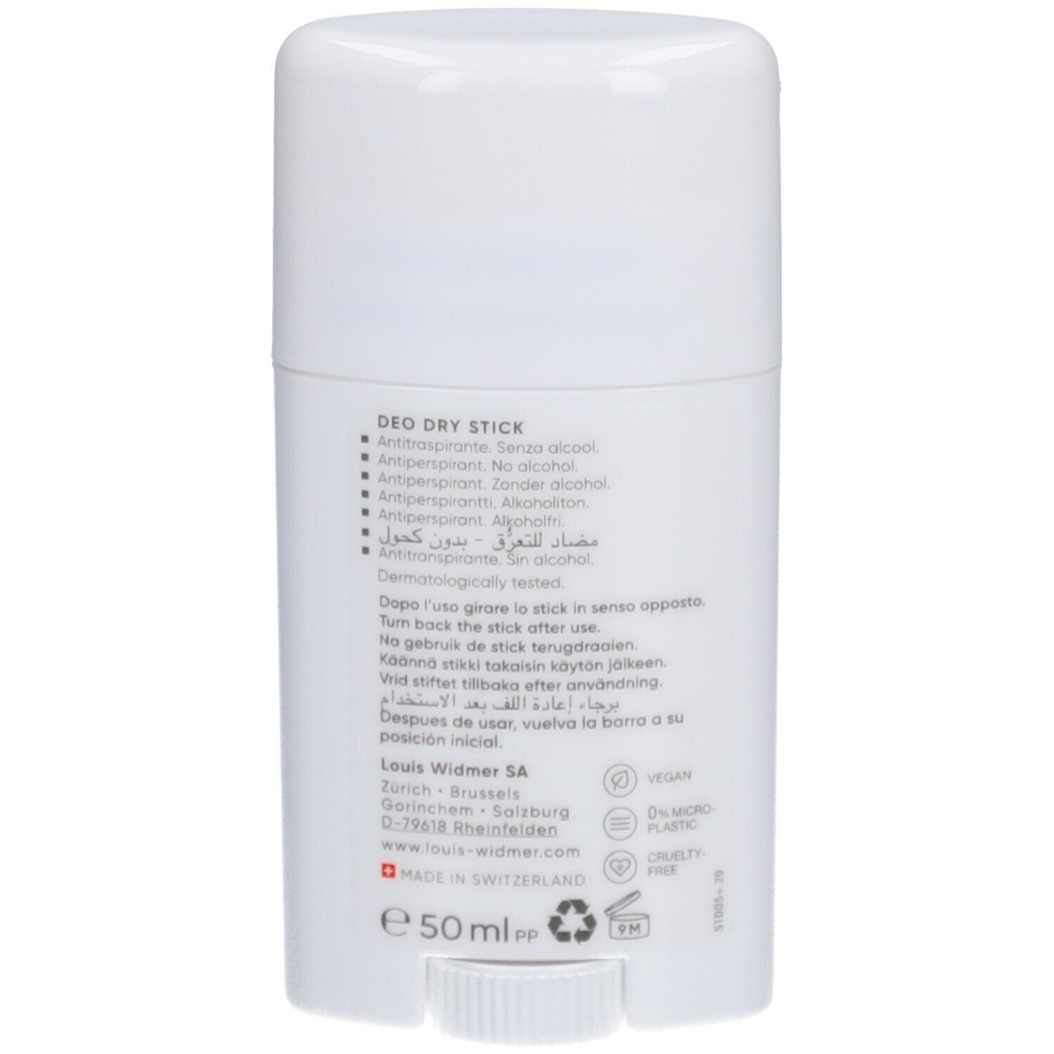 Rückseite des weißen Deo Dry Stick von Louis Widmer. Text: DEO DRY STICK, ANTIPERSPIRANTE, 50 ml, Vegan, 0% Micro Plastic.