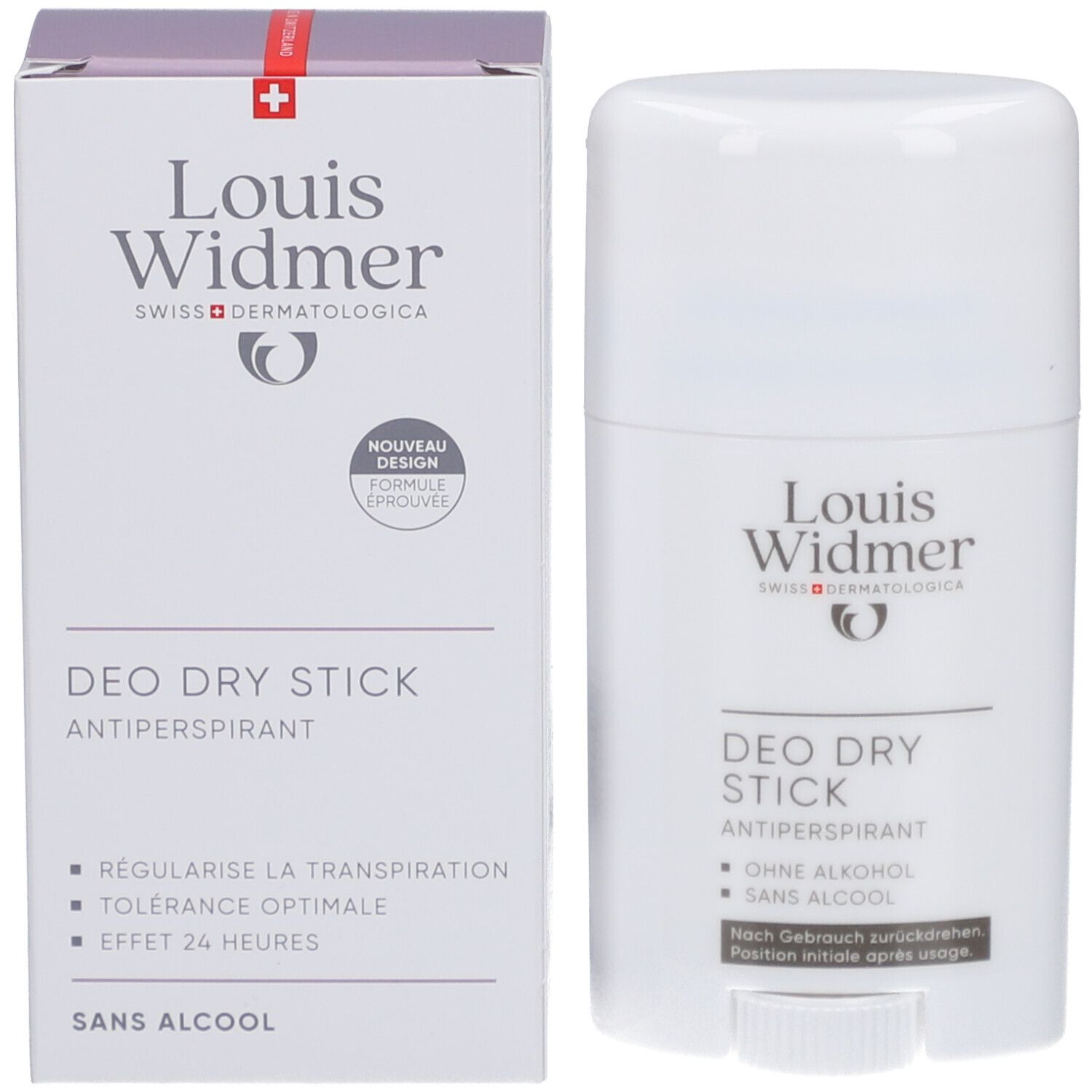 Louis Widmer Deo Dry Stick und Verpackung. Aufschrift: DEO DRY STICK ANTIPERSPIRANT, REGULARISE LA TRANSPIRATION, SANS ALCOOL.