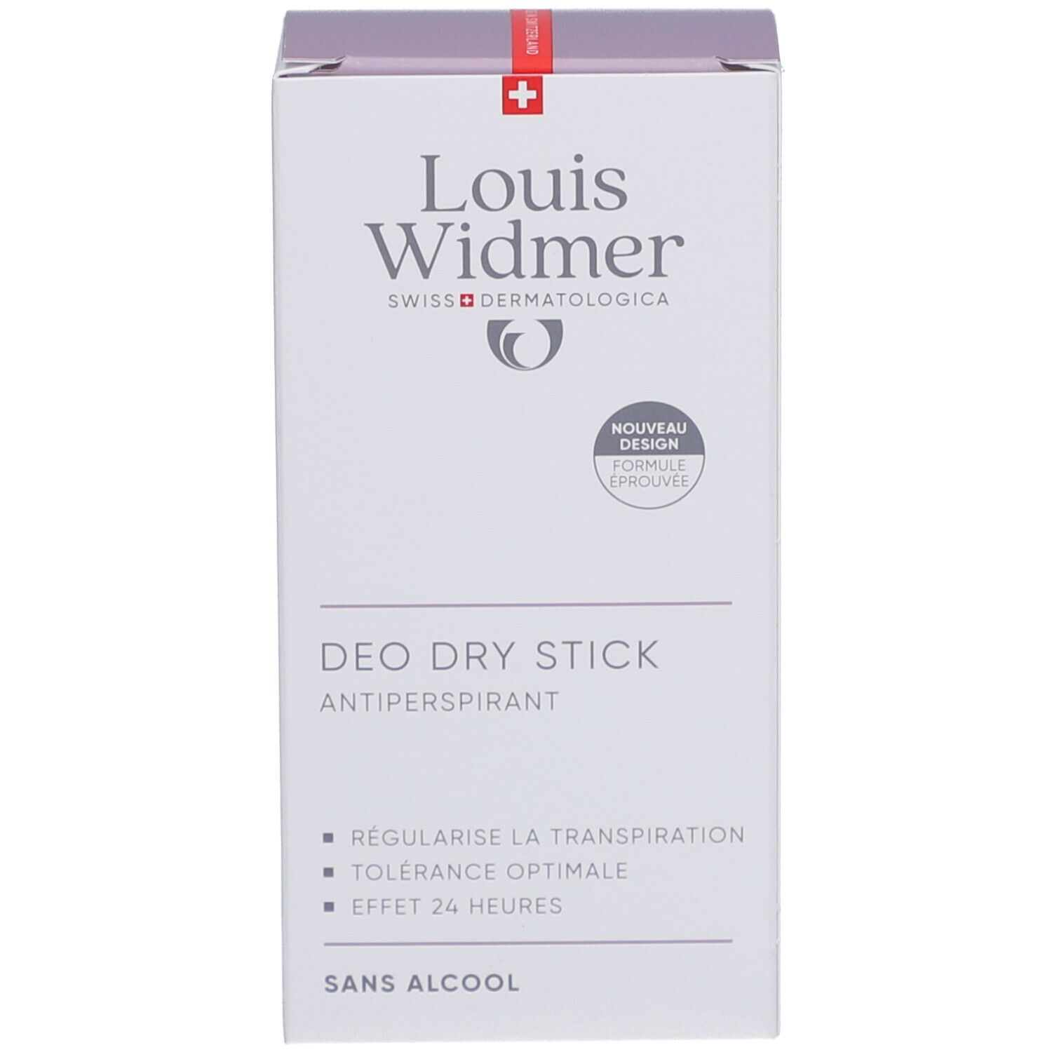Verpackung des Deo Dry Stick von Louis Widmer. Aufschrift: DEO DRY STICK ANTIPERSPIRANT, REGULARISE LA TRANSPIRATION, SANS ALCOOL.