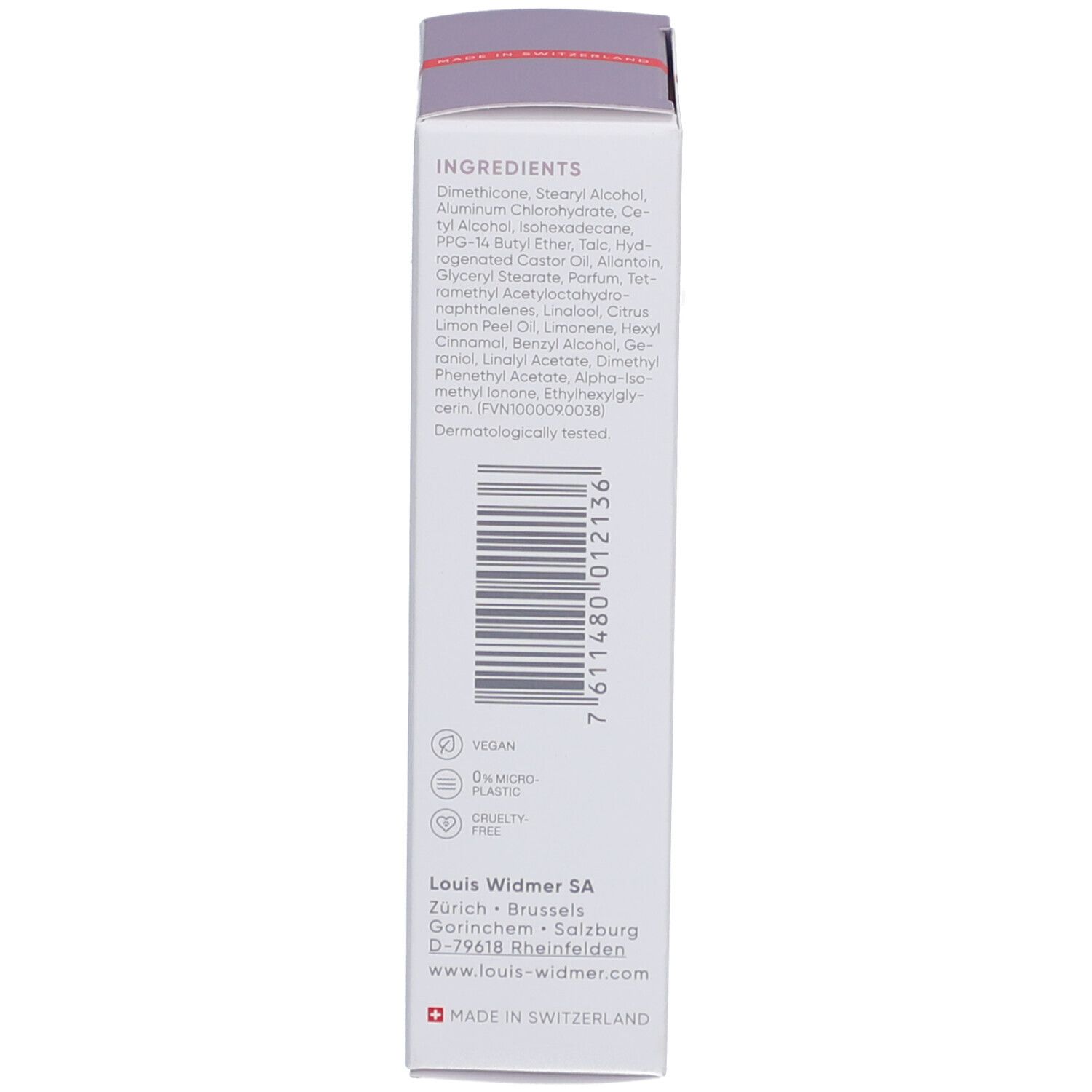 Rückseite der Verpackung des Deo Dry Stick von Louis Widmer. Zutatenliste, Vegan, 0% Micro Plastic, Dermatologisch getestet.