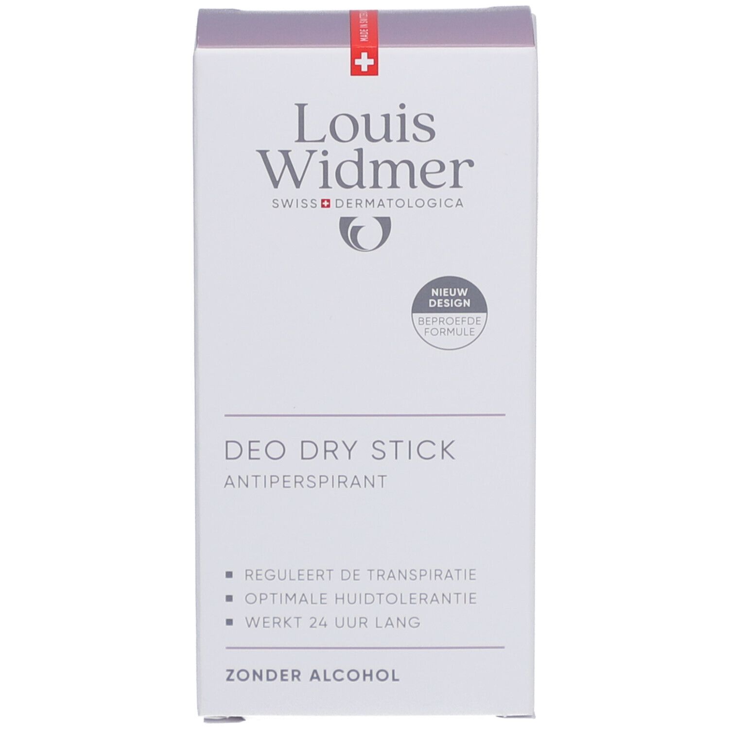 Verpackung des Deo Dry Stick von Louis Widmer. Aufschrift: DEO DRY STICK ANTIPERSPIRANT, REGULEERT DE TRANSPIRATIE, ZONDER ALCOHOL.