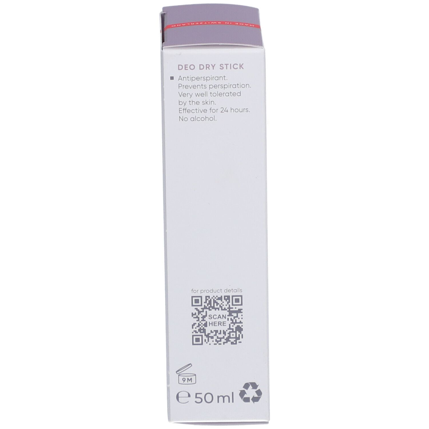 Rückseite der Verpackung des Deo Dry Stick von Louis Widmer. Text: Antiperspirant, 50 ml, QR-Code, Vegan, 0% Micro Plastic.