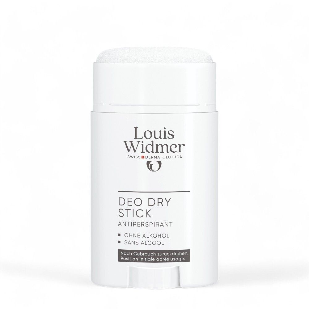 Stick déodorant blanc Louis Widmer. Inscription: DEO DRY STICK ANTIPERSPIRANT, OHNE ALKOHOL, SANS ALCOOL.