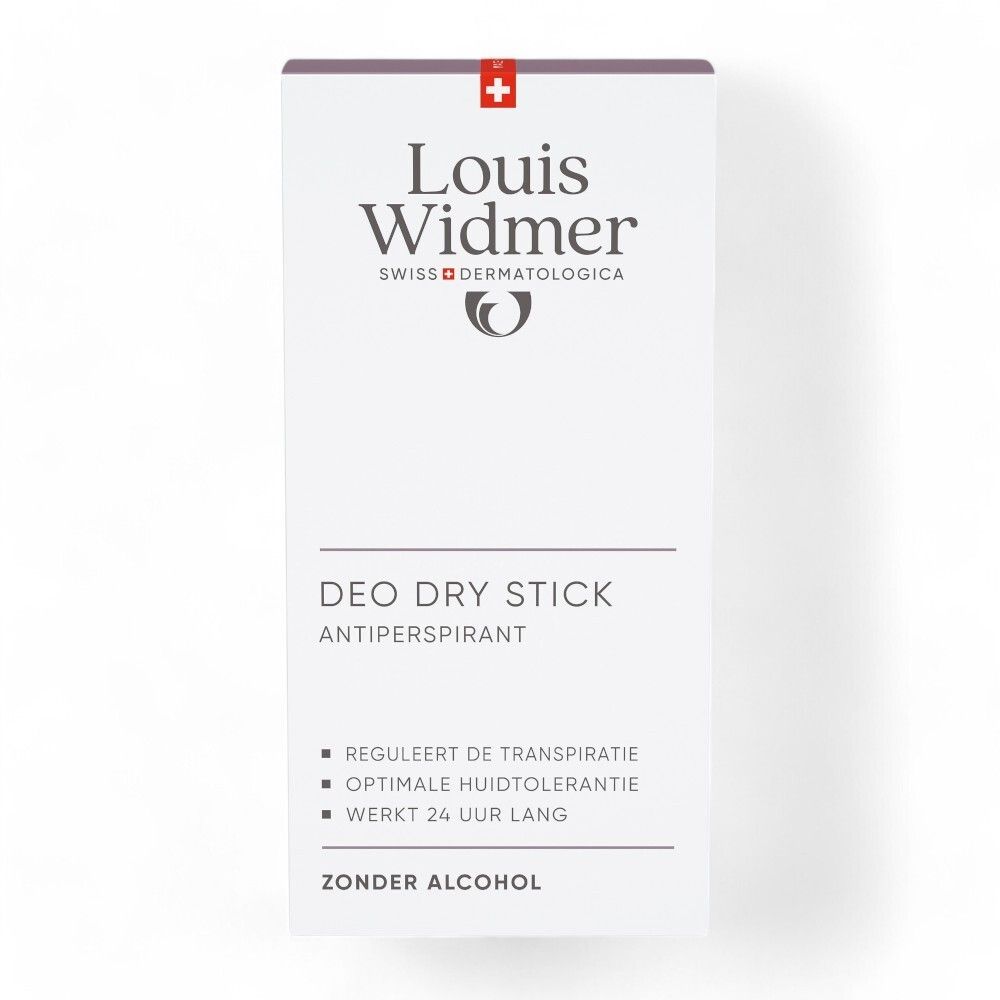 Emballage du stick déodorant Louis Widmer. Inscription: DEO DRY STICK ANTIPERSPIRANT, REGULEERT DE TRANSPIRATIE, ZONDER ALCOHOL.