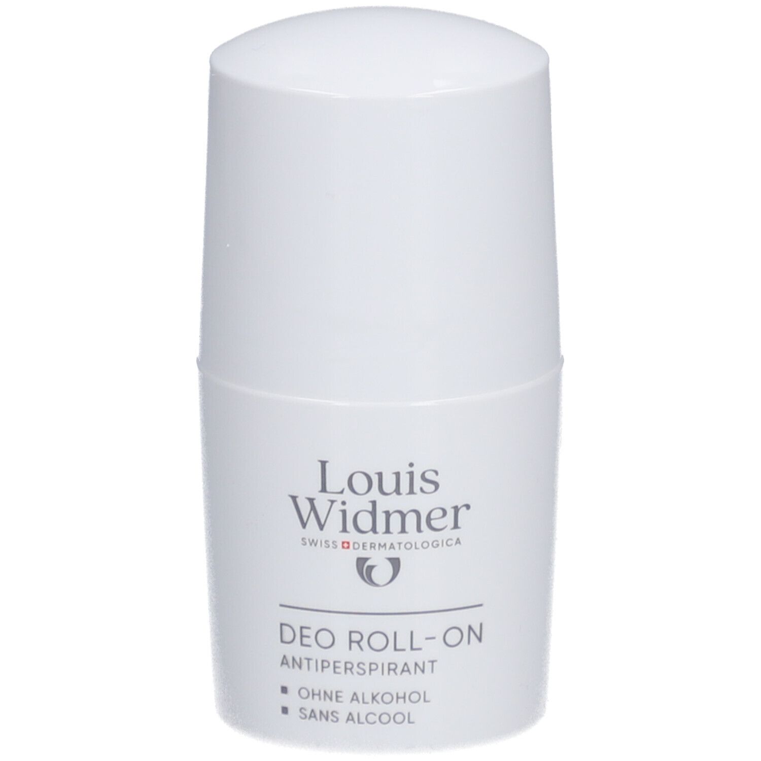 Weißer Roll-On-Antitranspirant von Louis Widmer. Produktname und Logo sind sichtbar.
