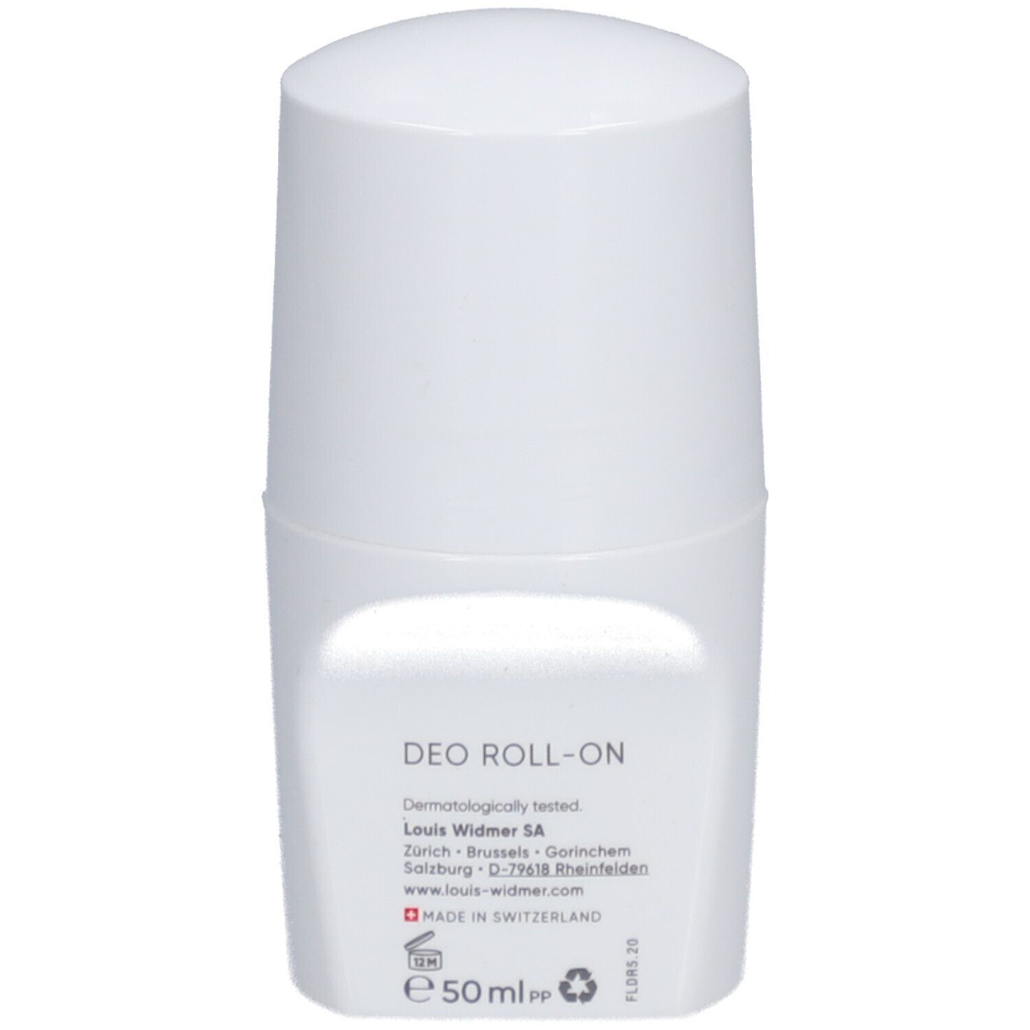 Weißer Roll-On-Antitranspirant von Louis Widmer. Produktinformationen und Logo sind sichtbar.