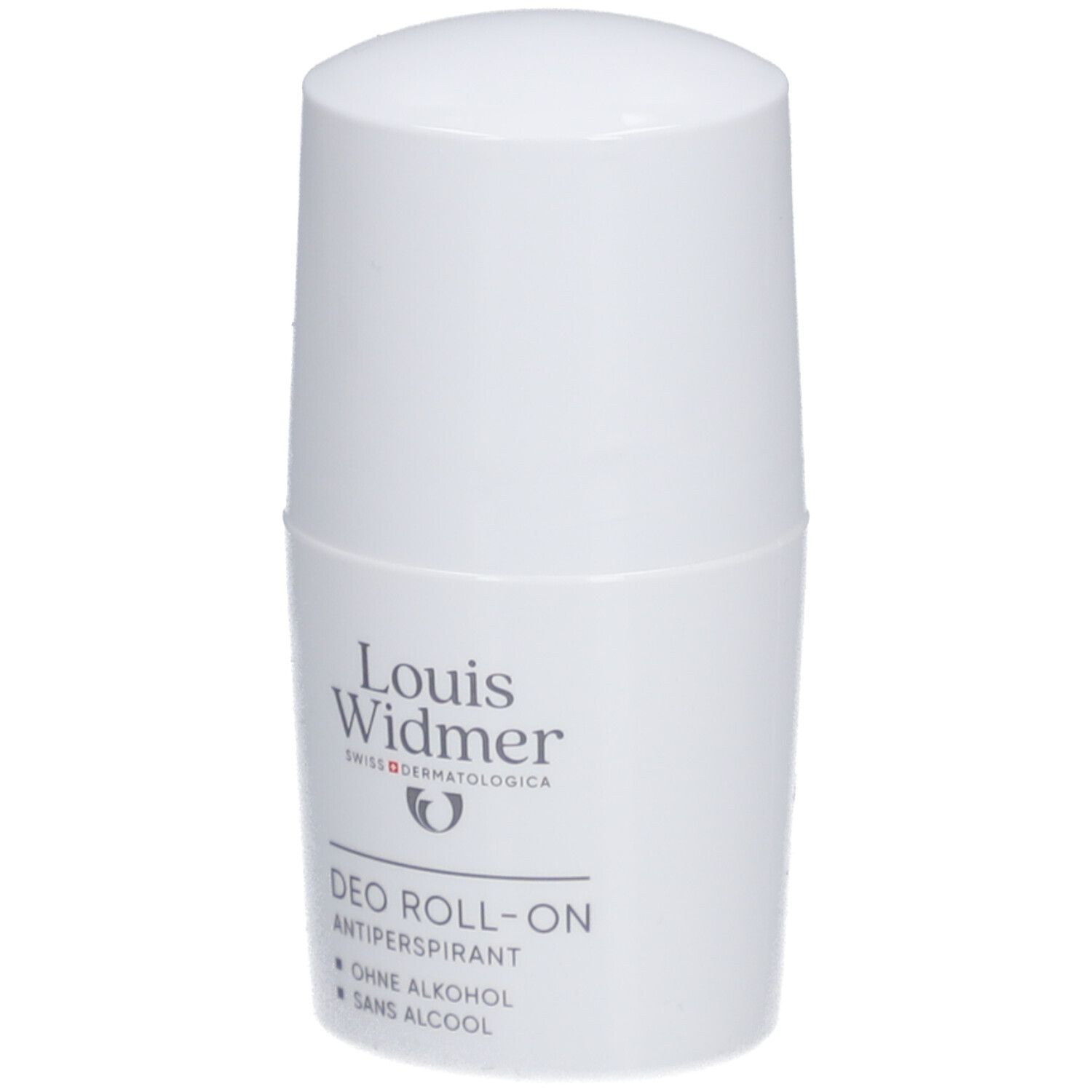 Weißer Roll-On-Antitranspirant von Louis Widmer. Produktname und Logo sind sichtbar.