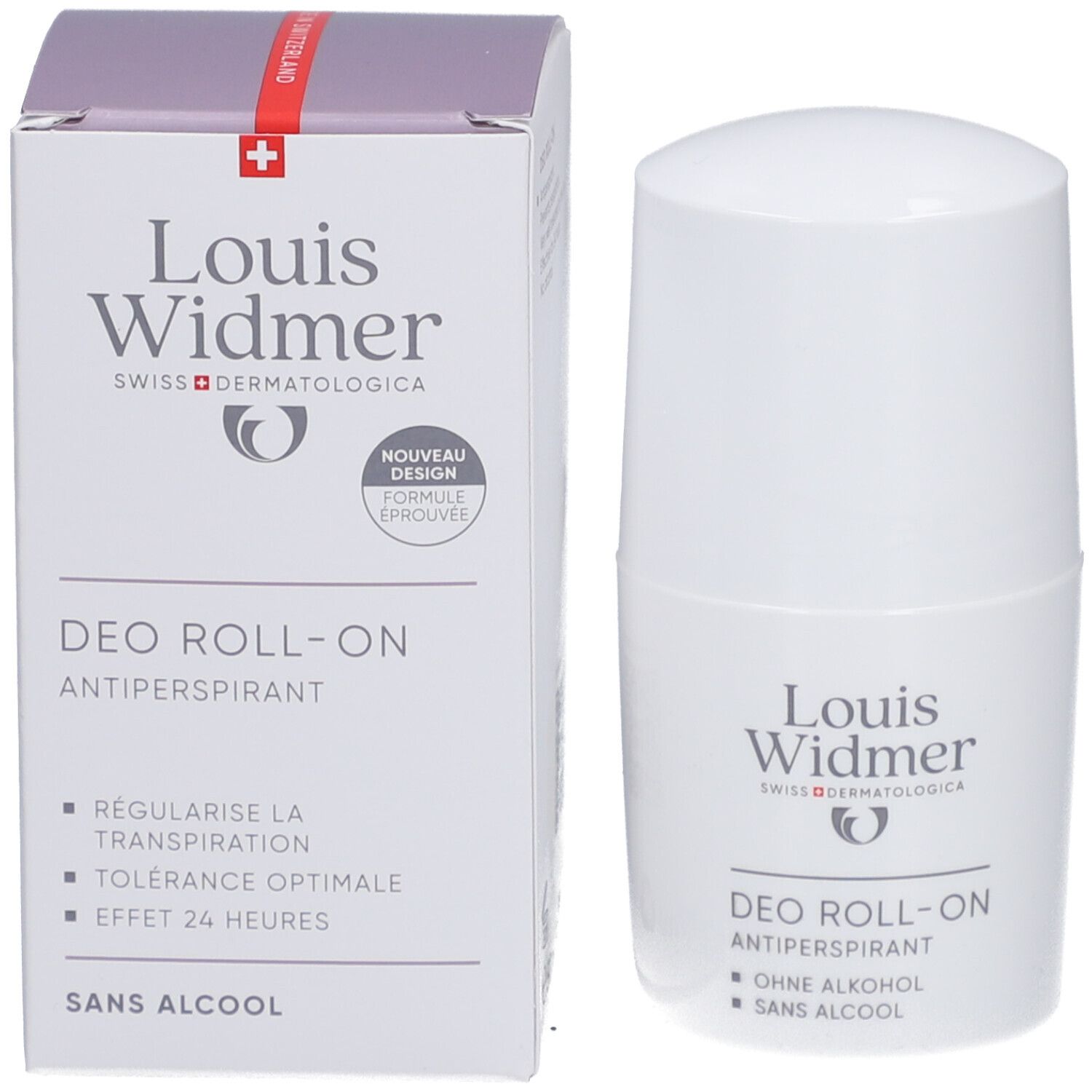 Louis Widmer Deo Roll-On und Verpackung. Verpackung mit Logo und Produktinformationen.