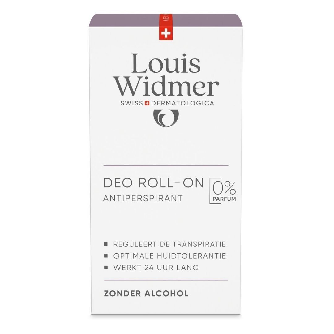 Emballage Louis Widmer Deo Roll-On Antitranspirant. 0% Parfum. Régule la transpiration, tolérance cutanée optimale, 24h.