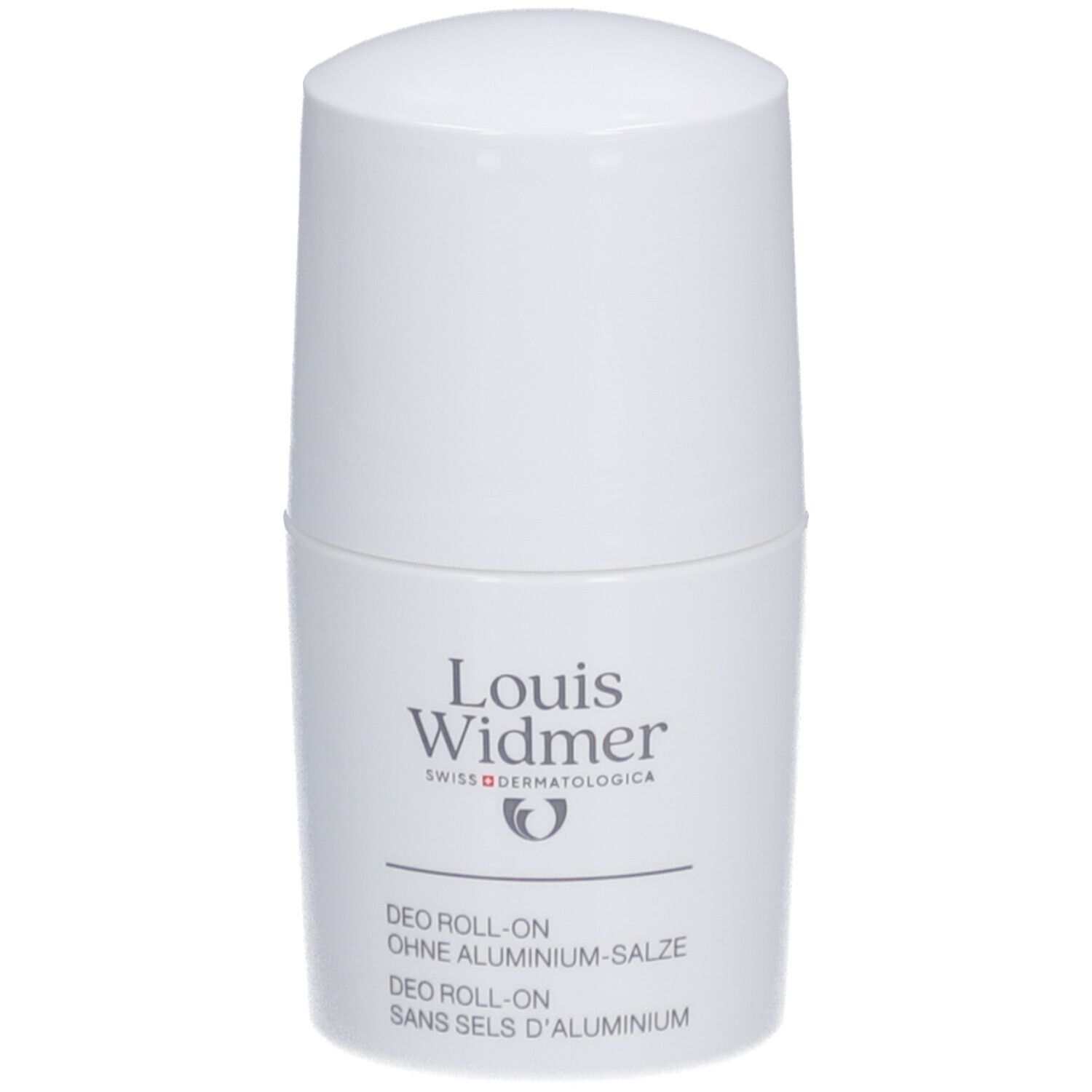 Weißer Roll-On-Deo von Louis Widmer. Text: Ohne Aluminiumsalze, Swiss Dermatologica.