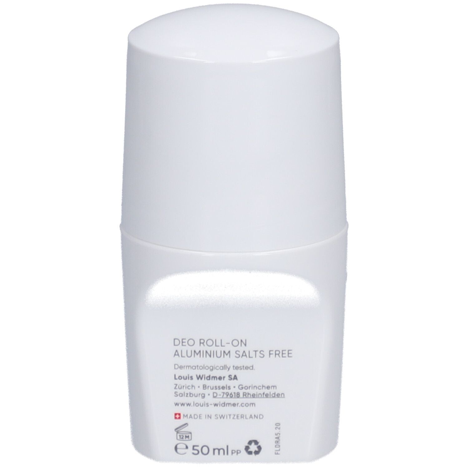 Weißer Roll-On-Deo von Louis Widmer. Text: Ohne Aluminiumsalze, Dermatologisch getestet.