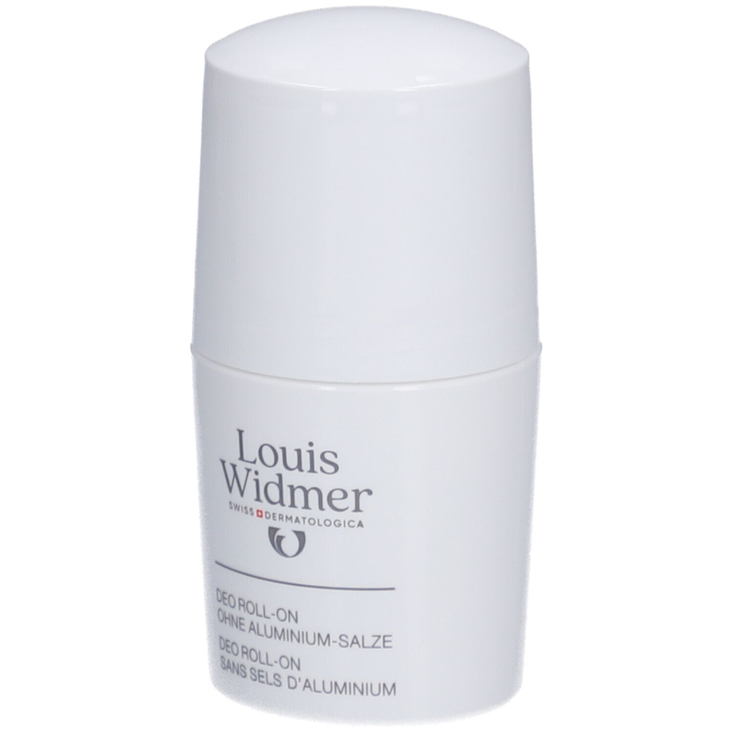 Weißer Roll-On-Deo von Louis Widmer. Text: Ohne Aluminiumsalze, Swiss Dermatologica.