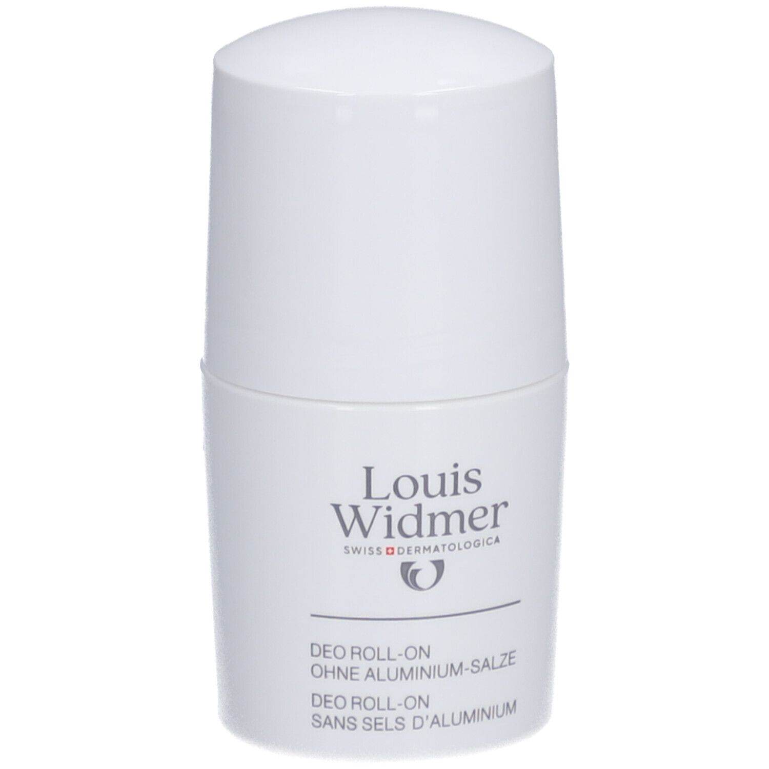Weißer Roll-On-Deo von Louis Widmer. Text: Ohne Aluminiumsalze, Swiss Dermatologica.