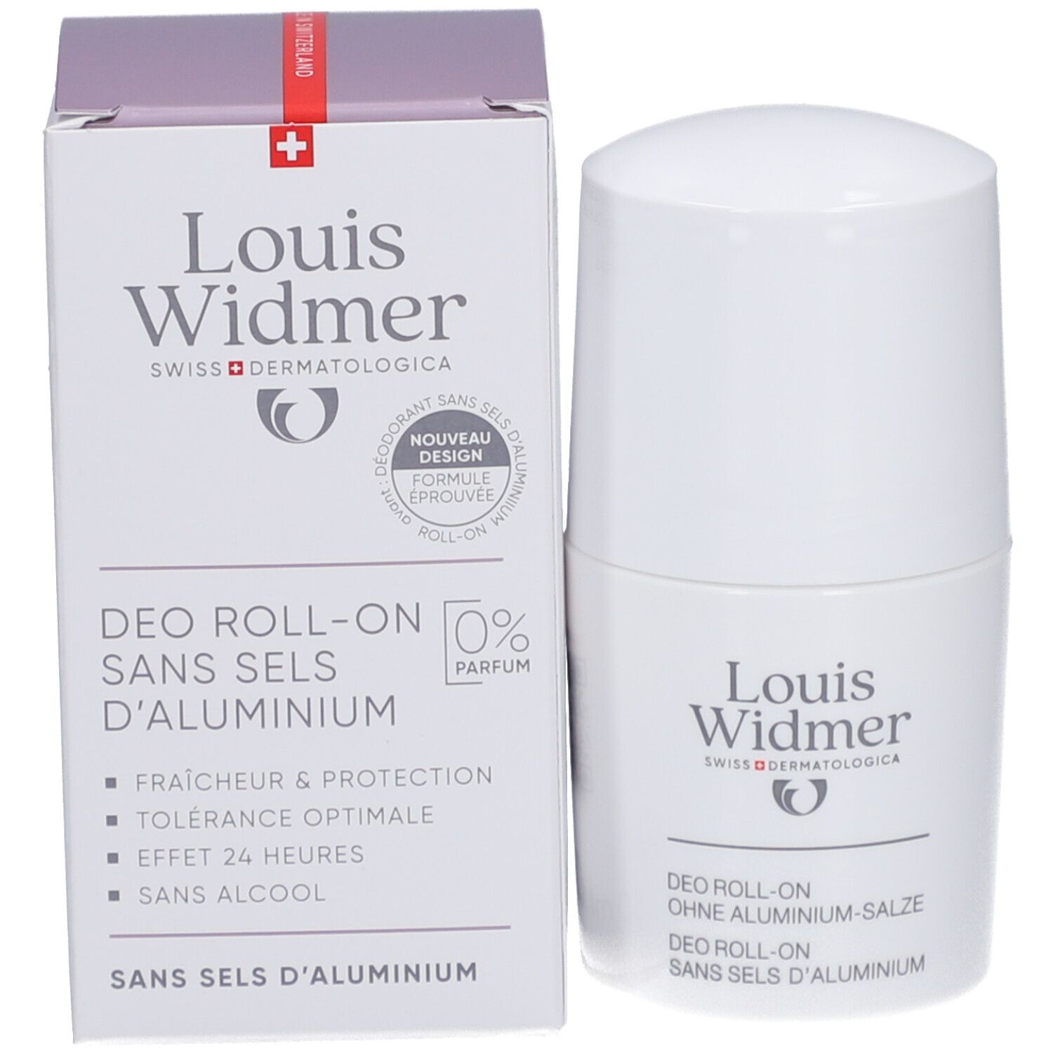 Louis Widmer Deo Roll-On und Verpackung. Text: Ohne Aluminiumsalze, 0% Parfum.
