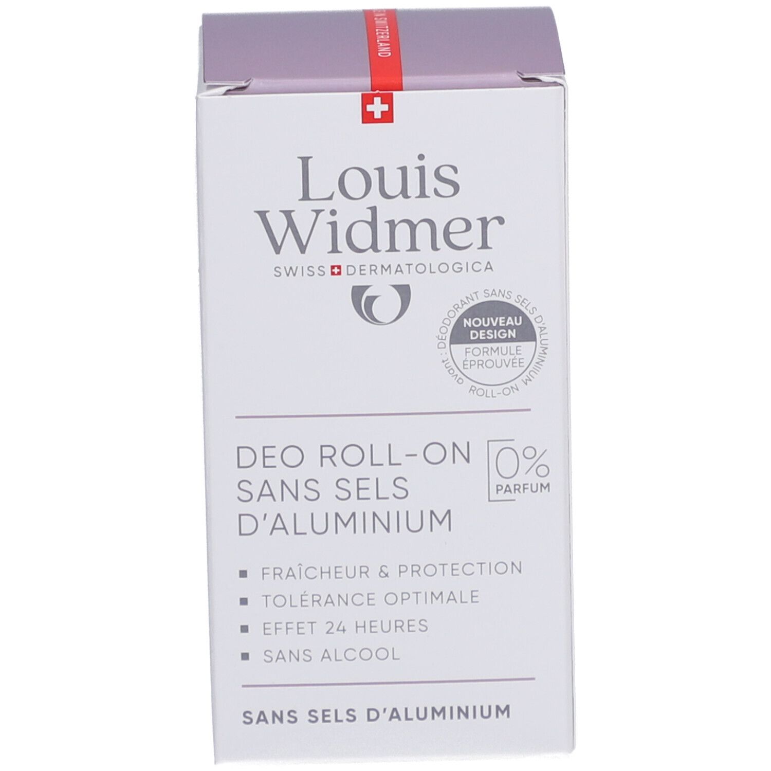 Verpackung von Louis Widmer Deo Roll-On. Text: Ohne Aluminiumsalze, 0% Parfum.