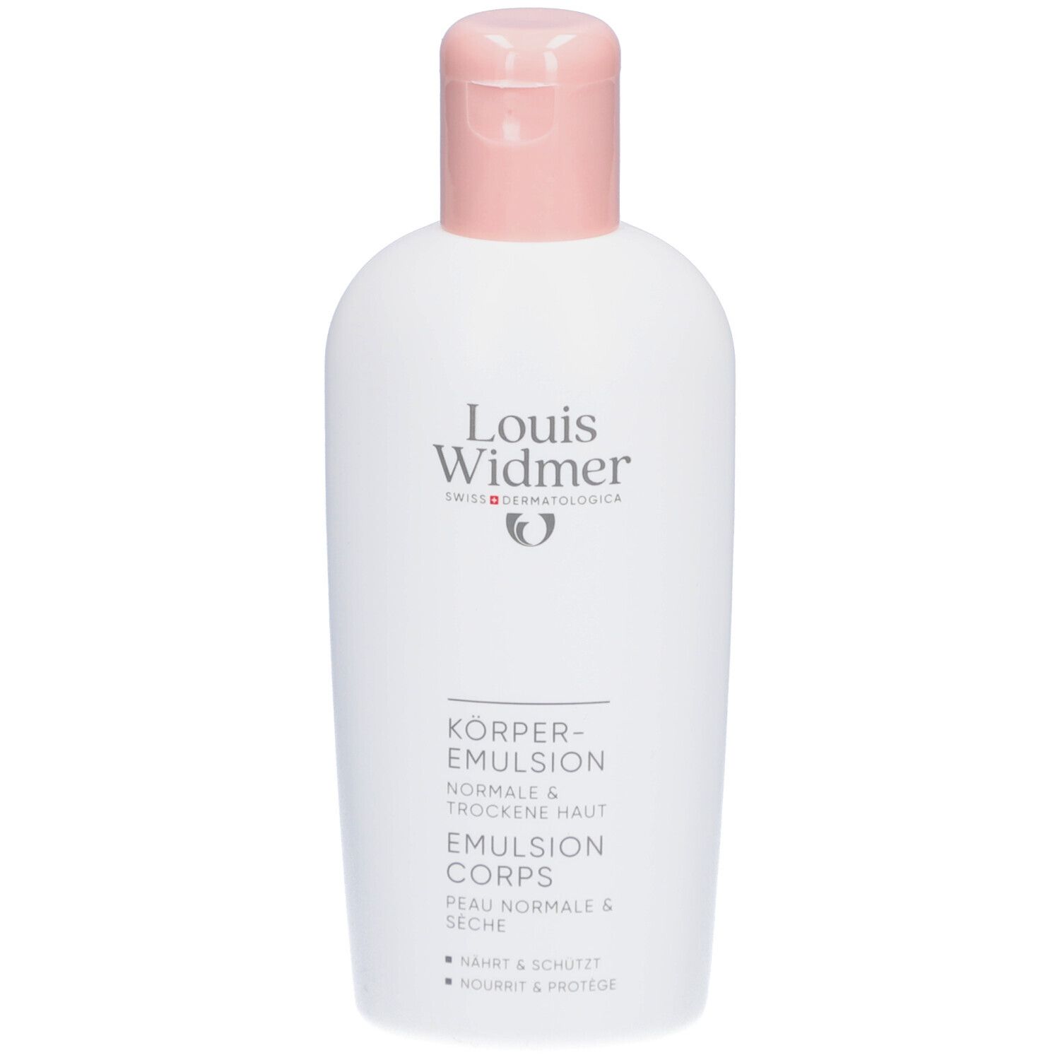 Weiße Flasche mit rosa Verschluss. Beschriftung: Louis Widmer, Körperemulsion, für normale und trockene Haut.