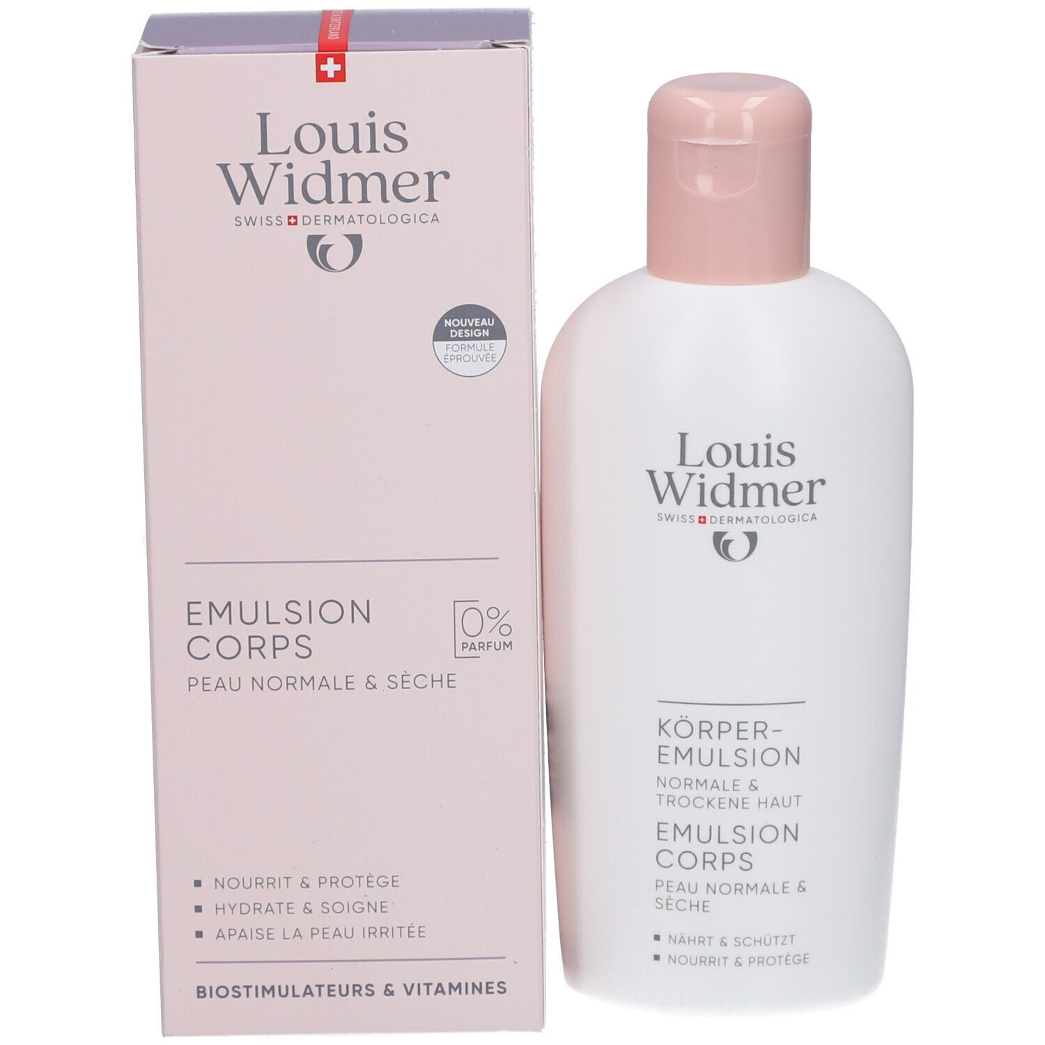 Produktverpackung und Flasche. Verpackung: Louis Widmer, Körperemulsion, 0% Parfum. Flasche: weiß mit rosa Verschluss.