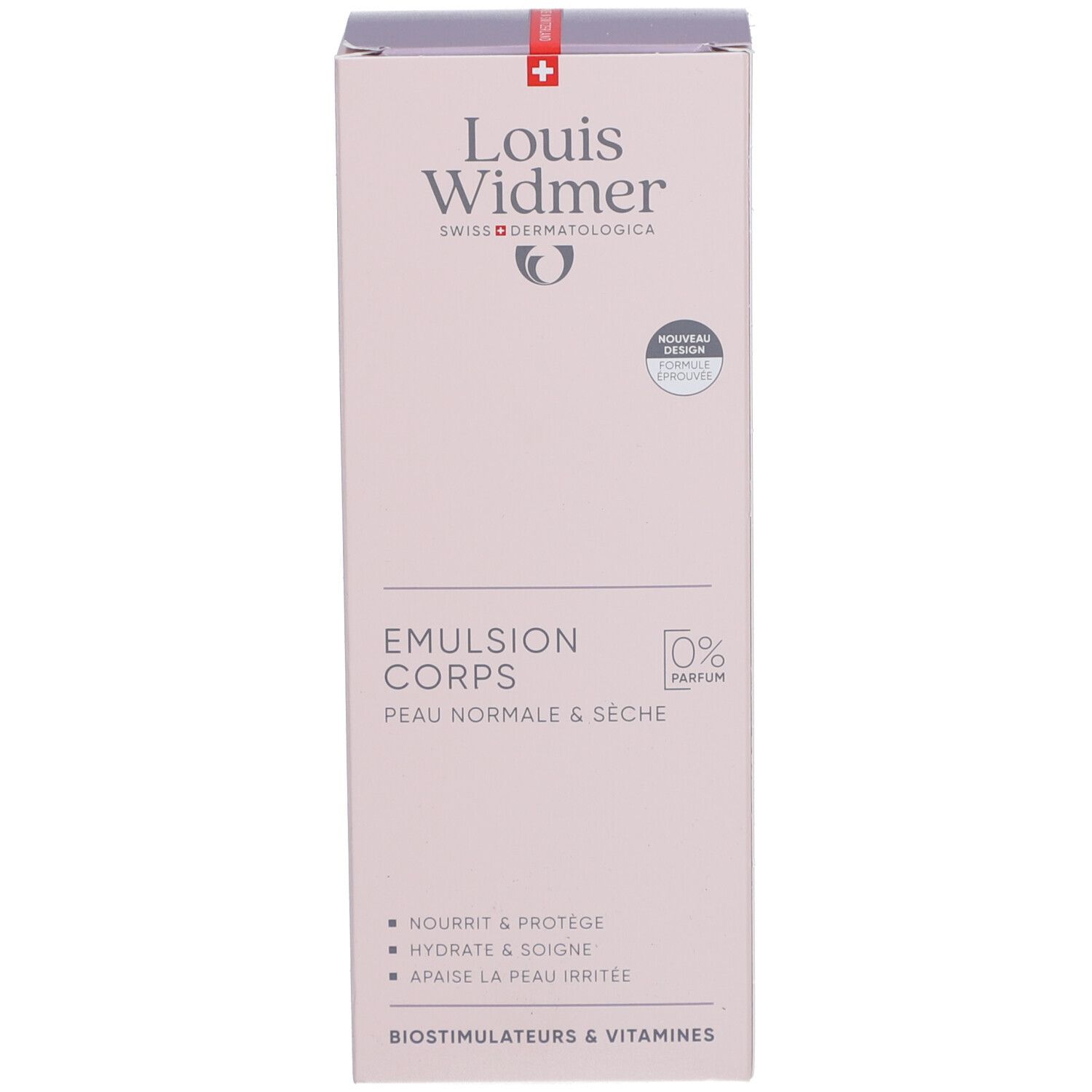 Produktverpackung. Beschriftung: Louis Widmer, Körperemulsion, 0% Parfum. Rosa Verpackung mit rotem Kreuz.