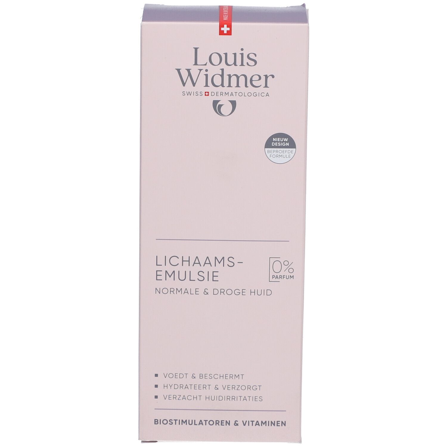 Produktverpackung. Beschriftung: Louis Widmer, Lichaams-emulsie, 0% Parfum. Rosa Verpackung mit rotem Kreuz.