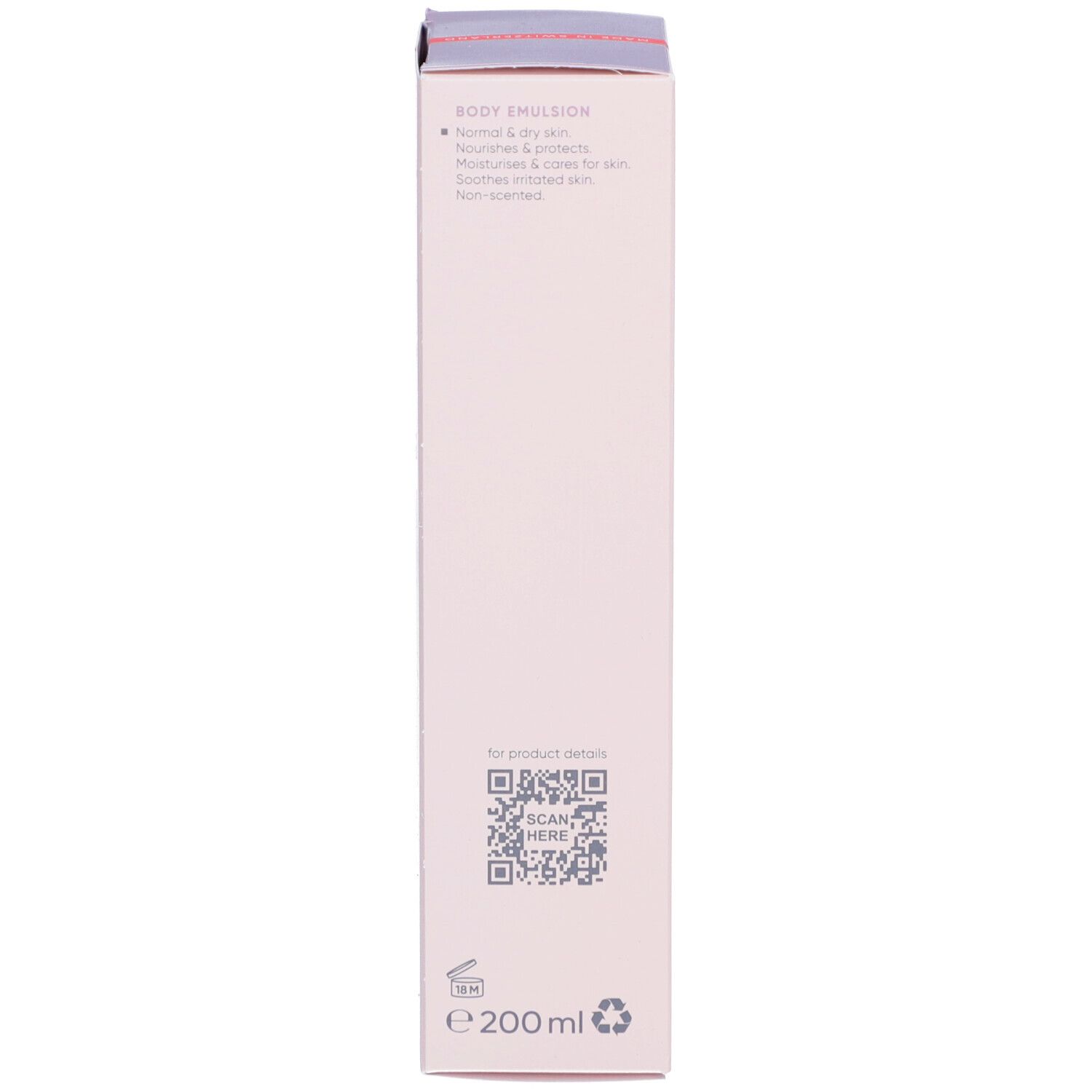 Produktverpackung, Seite mit Informationen. Beschriftung: Louis Widmer, 200 ml, QR-Code.