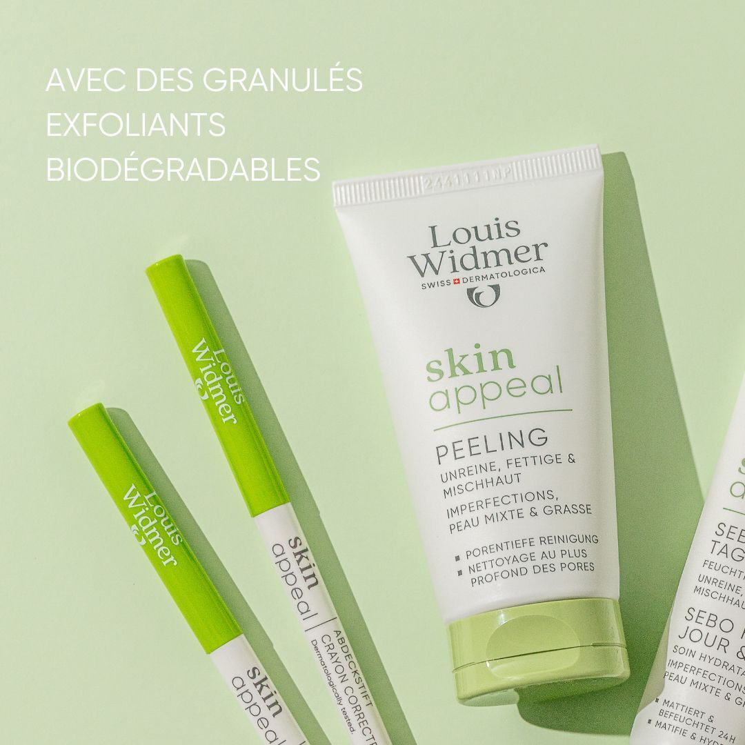 Femme avec peau. Texte: Skin Appeal. La routine de soins efficace en cas de peau impure et à tendance acnéique.