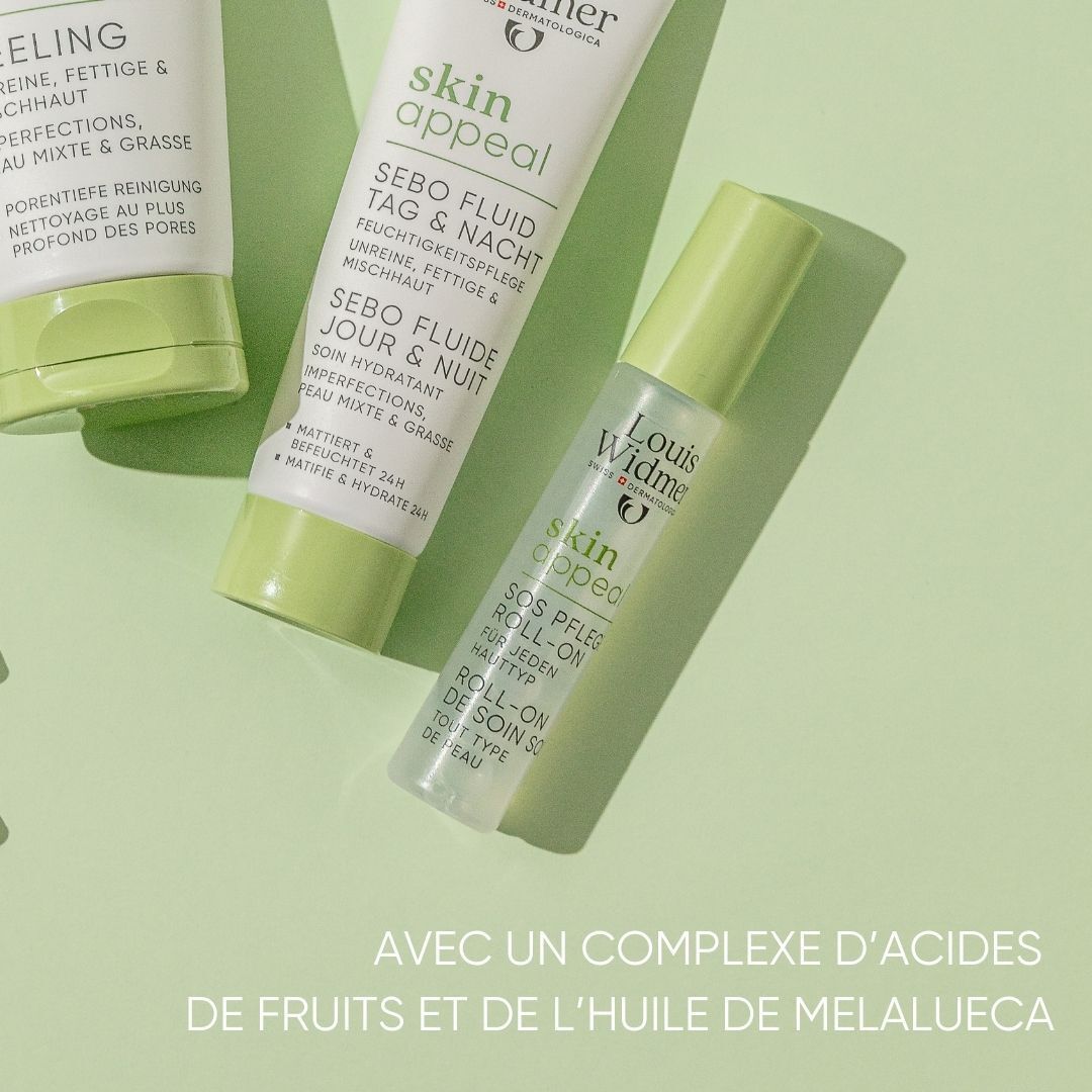 Gamme de produits Louis Widmer. Skin Appeal Roll-On SOS, Sebo Fluid Jour & Nuit, Peeling. Texte: Avec un complexe d'acides de fruits.