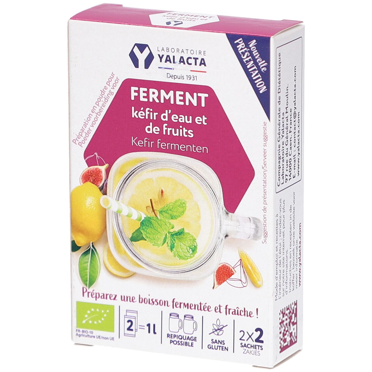 Kartonverpackung mit Produktabbildung. Aufdruck: FERMENT kéfir d'eau et de fruits. Mit Illustration von Getränk mit Zitrone und Minze.