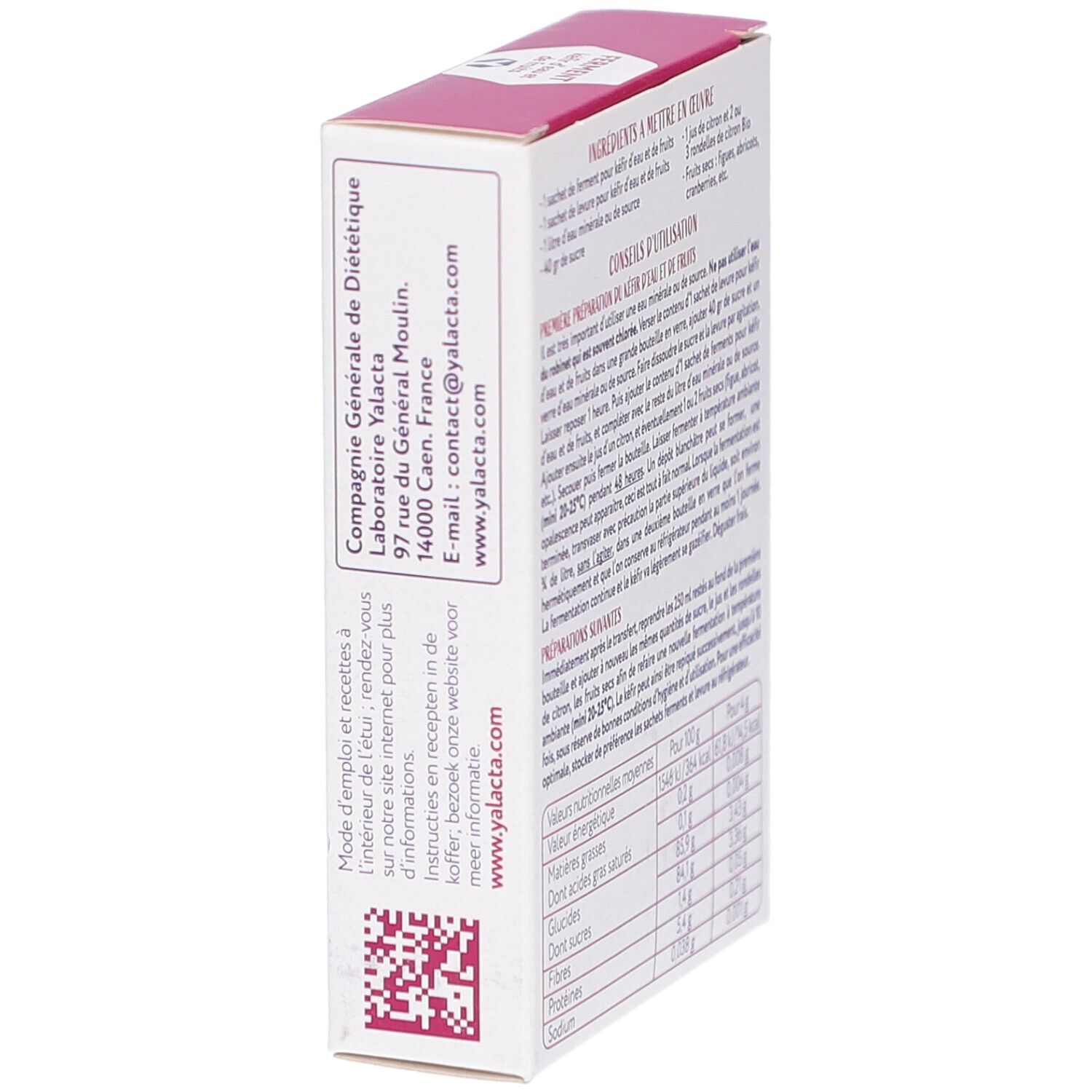 Seite der Kartonverpackung mit Kontaktinformationen und QR-Code. Text in Französisch.