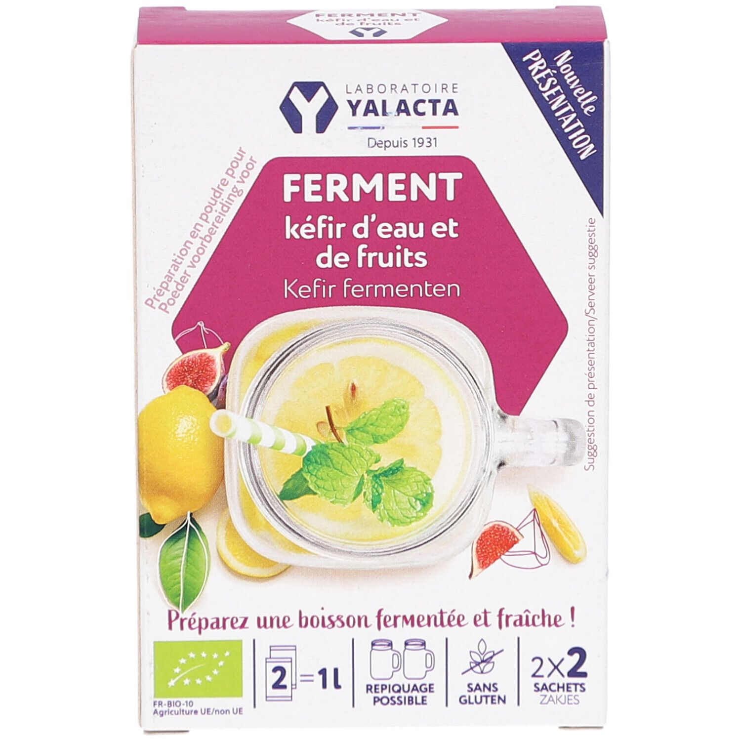 Kartonverpackung mit Produktabbildung. Aufdruck: FERMENT kéfir d'eau et de fruits. Mit Illustration von Getränk mit Zitrone und Minze.