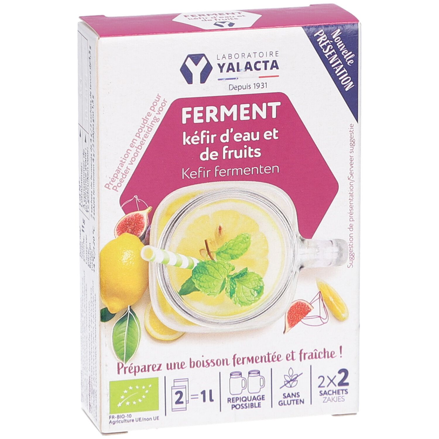 Kartonverpackung mit Produktabbildung. Aufdruck: FERMENT kéfir d'eau et de fruits. Mit Illustration von Getränk mit Zitrone und Minze.