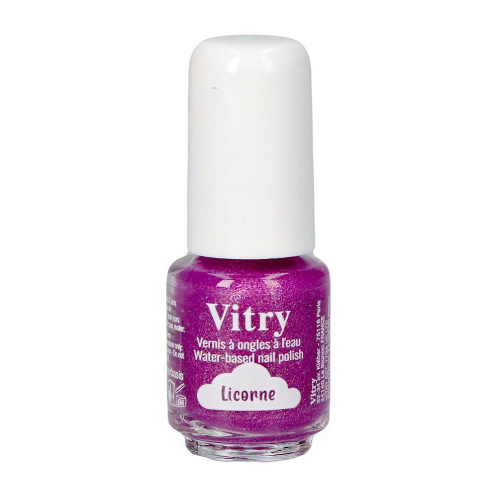 Flacon de vernis à ongles violet pailleté. Bouchon blanc. Inscription: Vitry, Vernis à ongles à l'eau, Licorne.