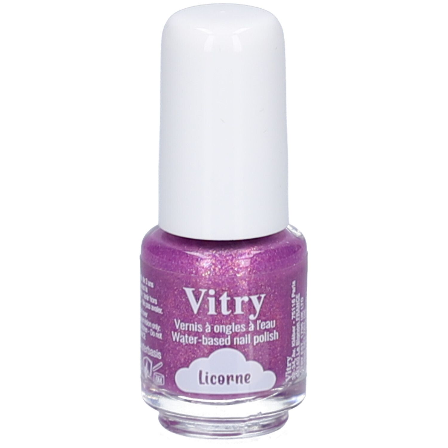 Flasche Nagellack, lila mit Glitzer. Weißer Deckel. Aufschrift: Vitry, Vernis à ongles à l'eau, Licorne.