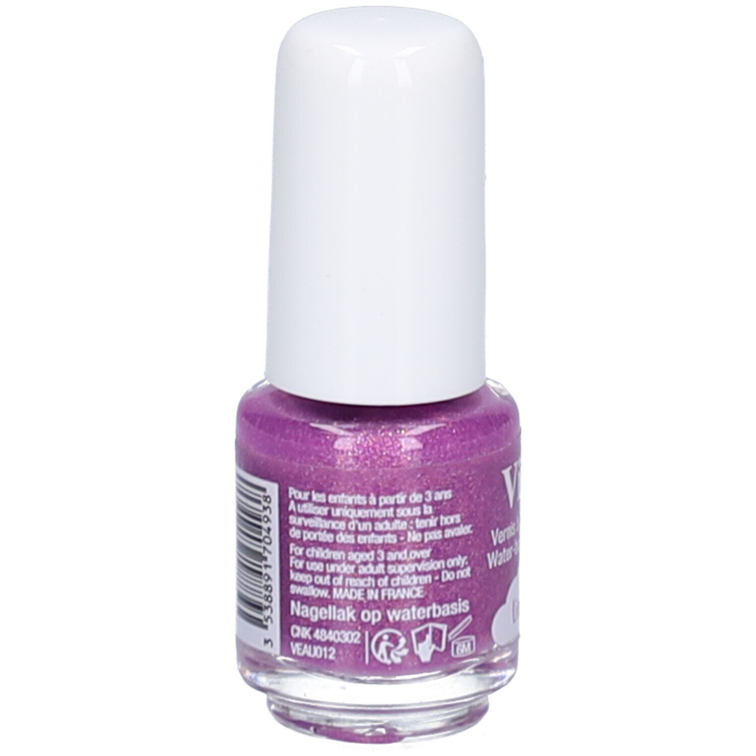 Rückseite der Nagellackflasche. Lila Nagellack mit weißem Deckel. Text: Für Kinder ab 3 Jahren. Nagellak op waterbasis.