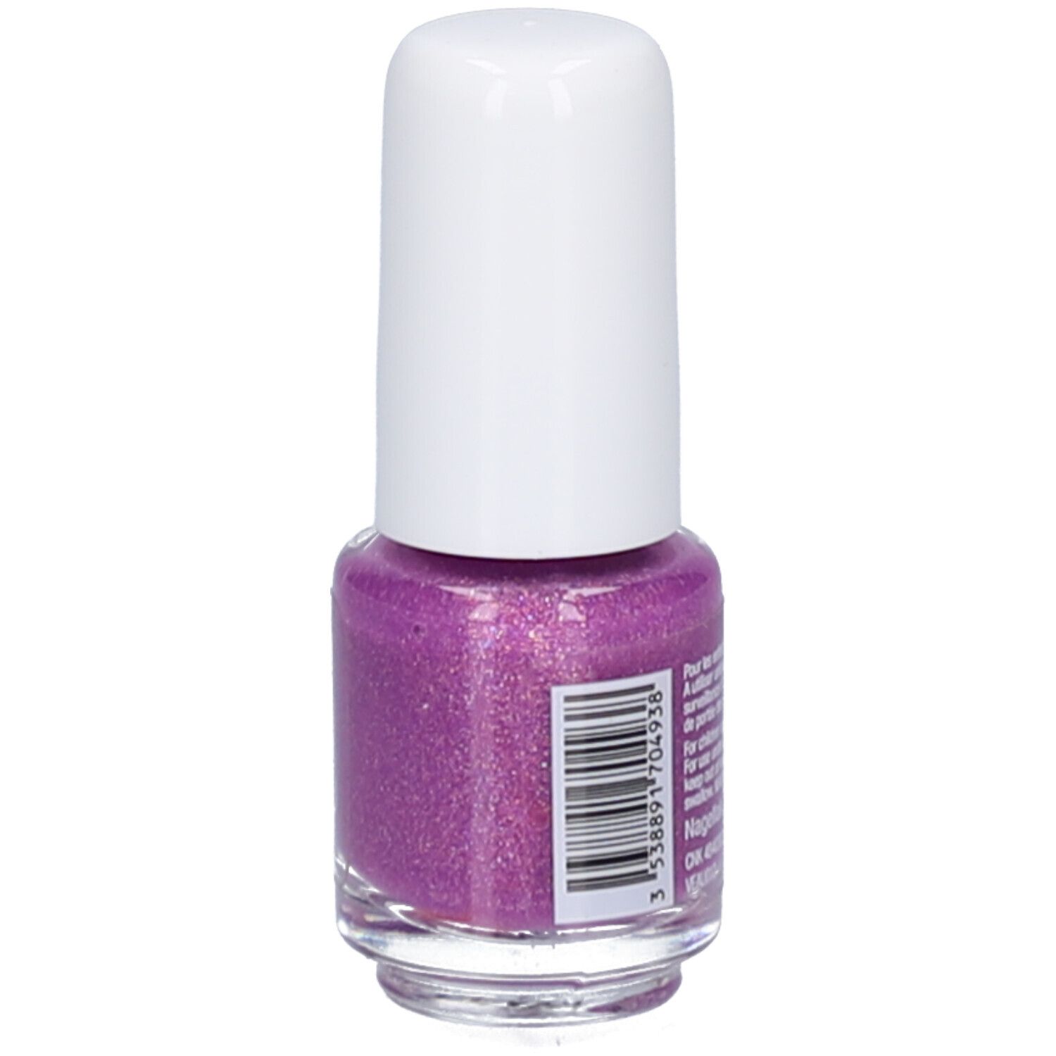 Rückseite der Nagellackflasche. Lila Nagellack mit weißem Deckel. Barcode und Text.