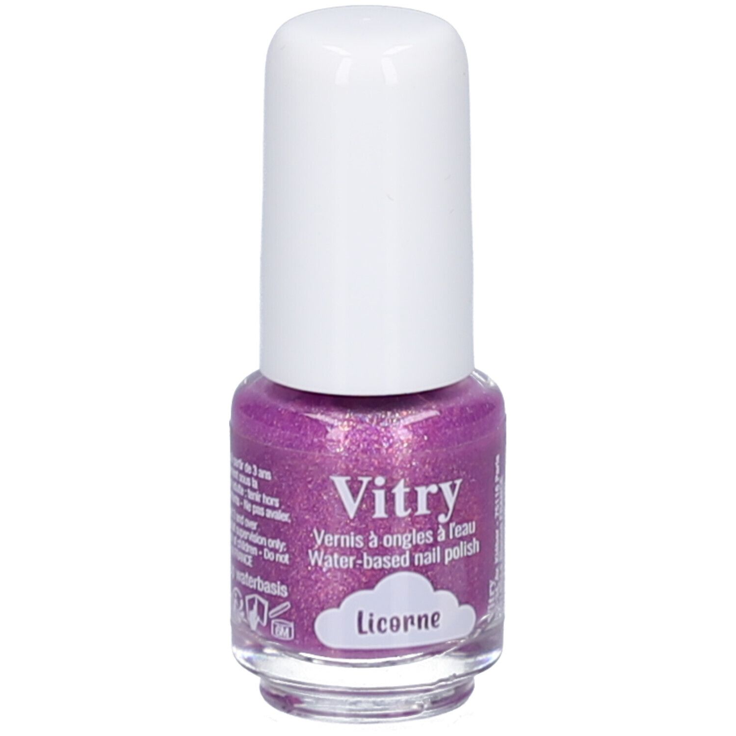 Nagellackflasche, lila mit Glitzer. Weißer Deckel. Aufschrift: Vitry, Vernis à ongles à l'eau, Licorne.