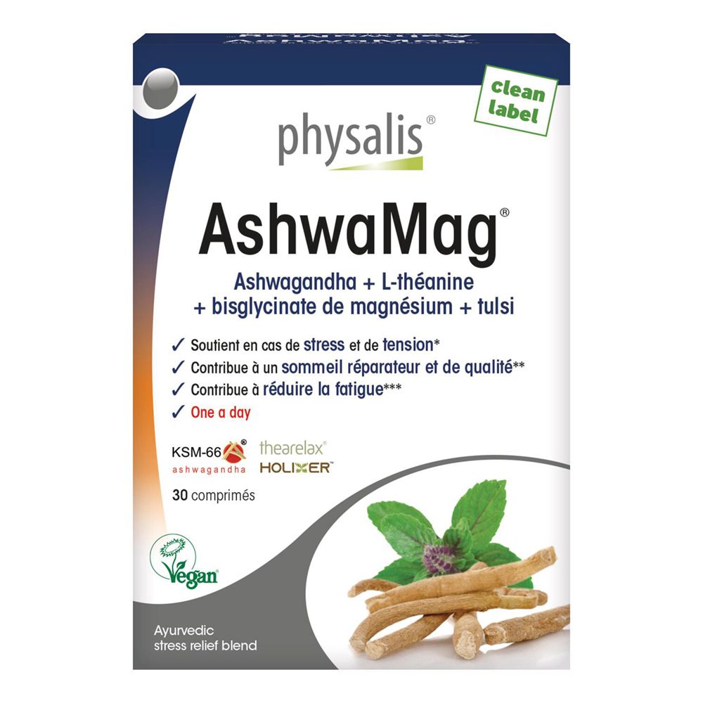 Produktverpackung mit Produktnamen AshwaMag. Enthält 30 Tabletten. Mit Ashwagandha, L-Theanin, Magnesiumbisglycinat und Tulsi.
